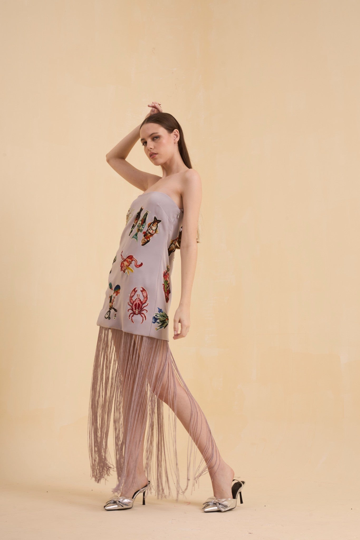 RIV GRAY PATCH ADORNED OFF SHOULDER DRESS