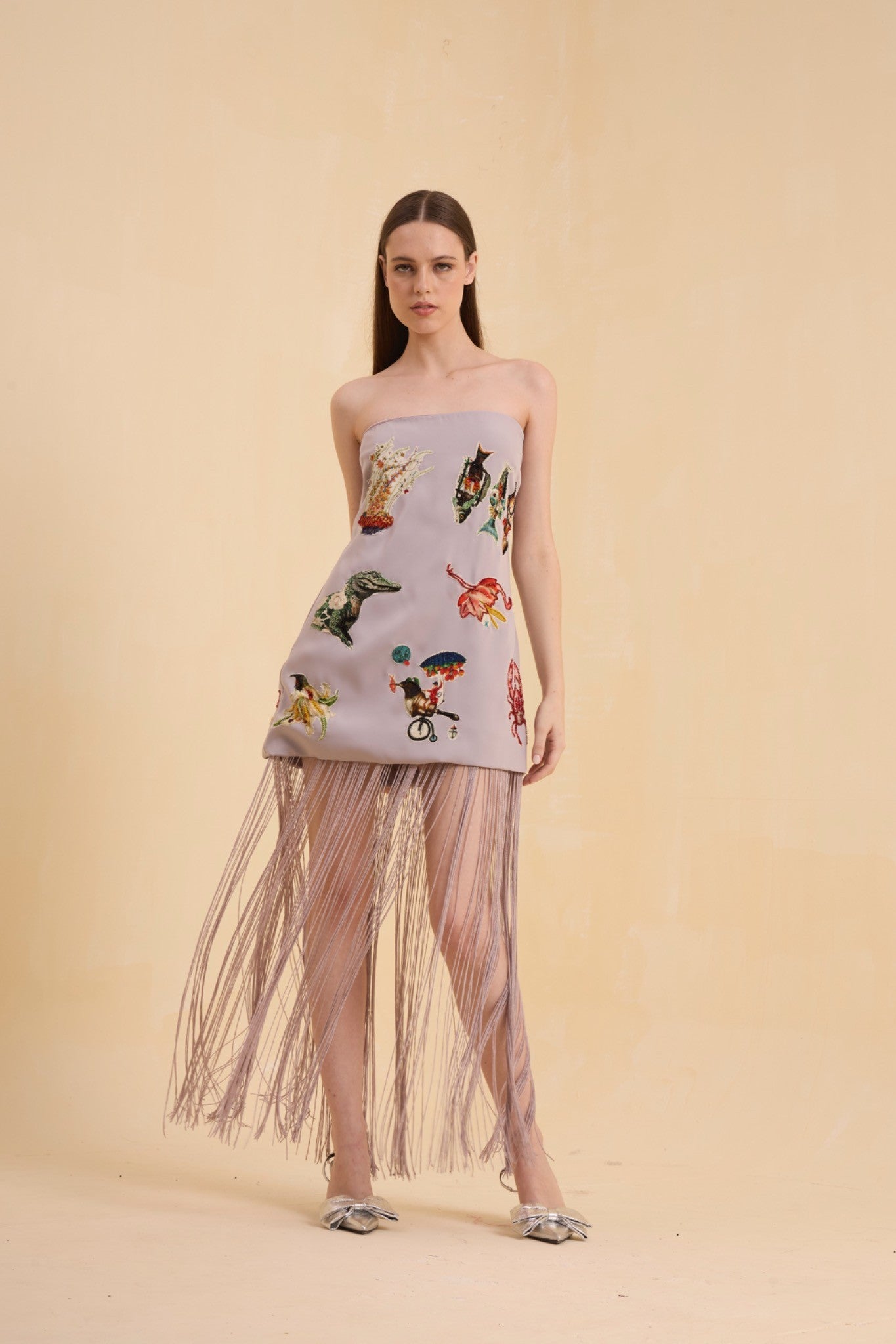 RIV GRAY PATCH ADORNED OFF SHOULDER DRESS