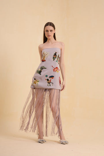 RIV GRAY PATCH ADORNED OFF SHOULDER DRESS