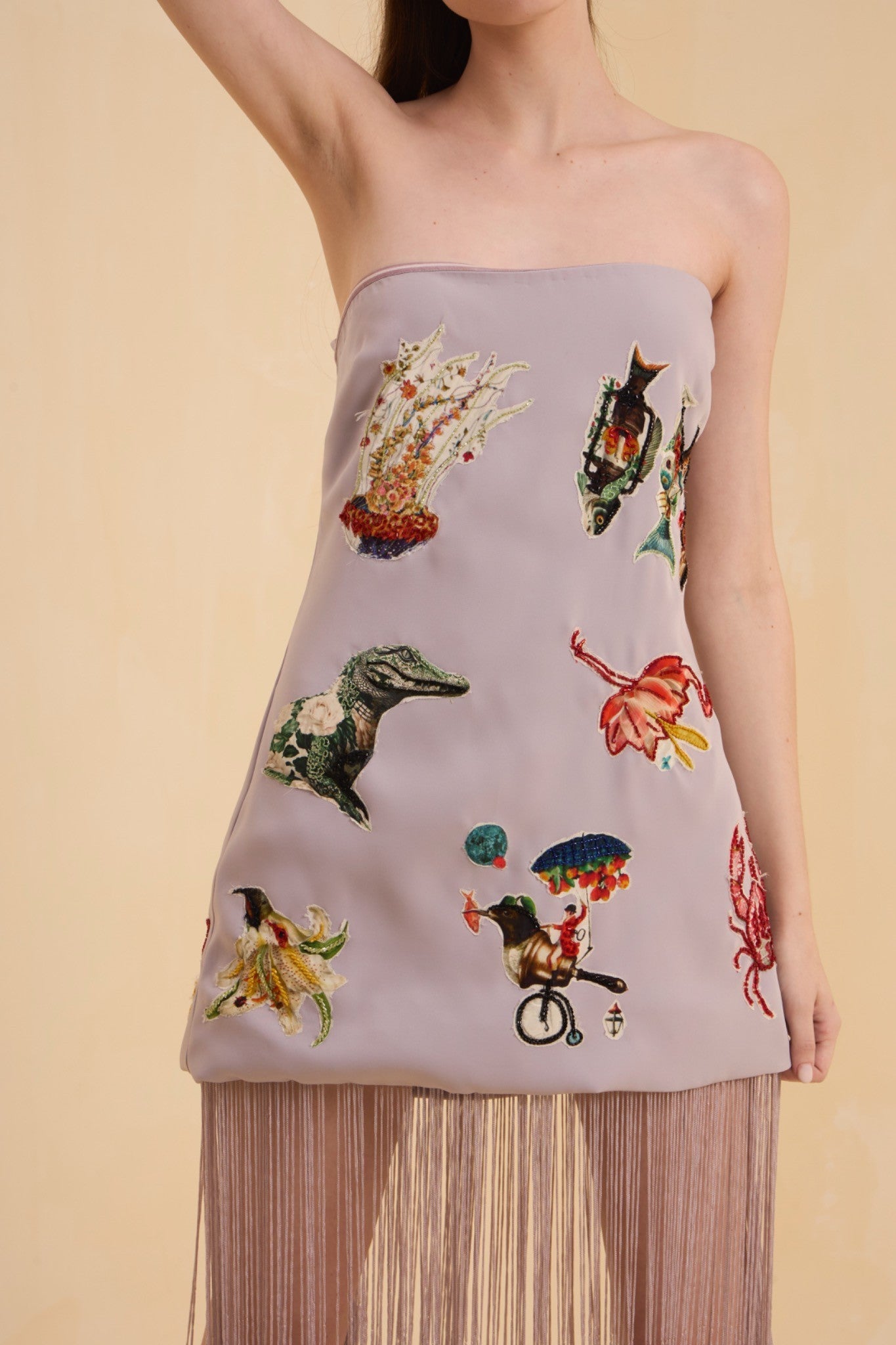 RIV GRAY PATCH ADORNED OFF SHOULDER DRESS