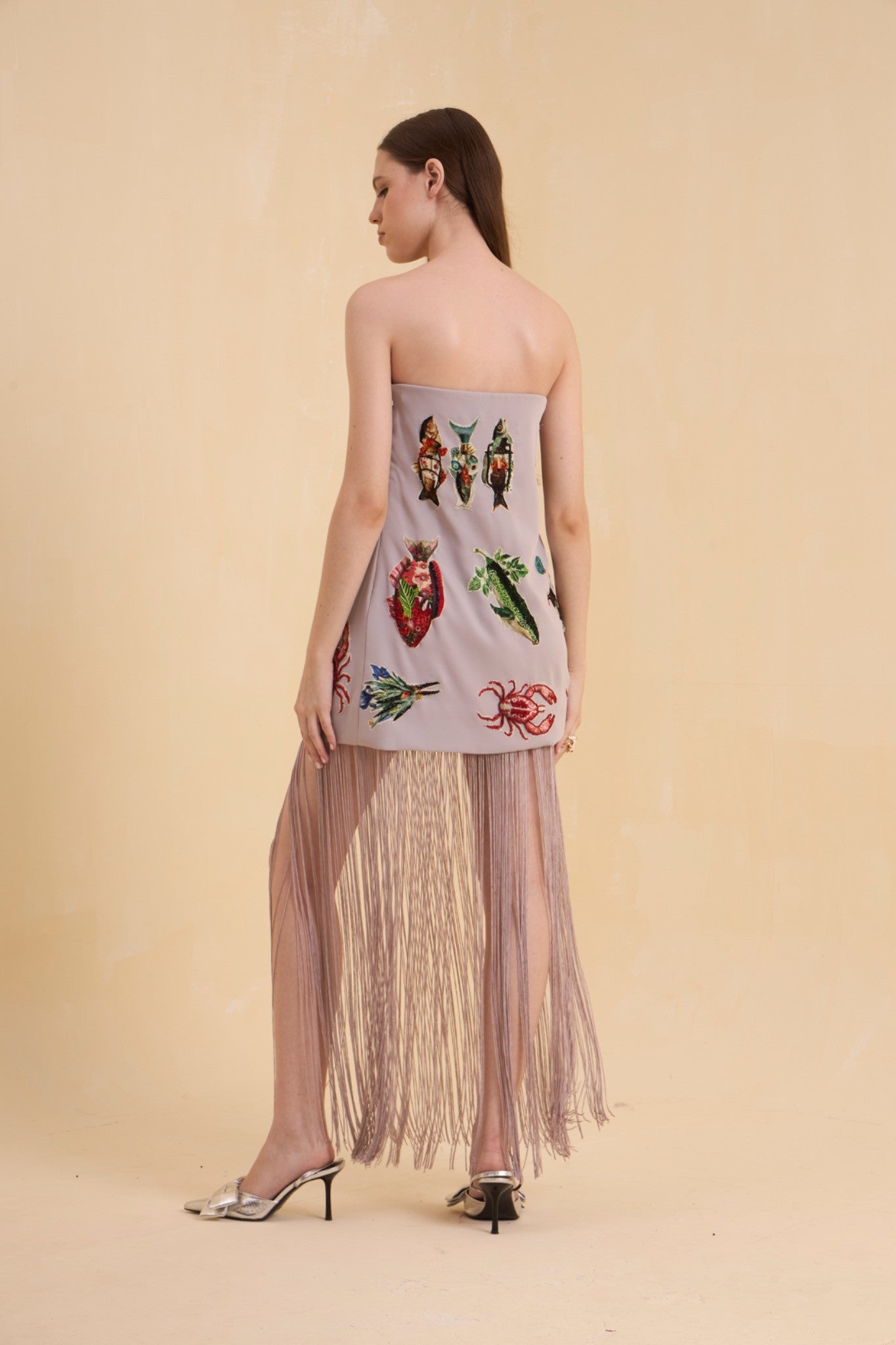 RIV GRAY PATCH ADORNED OFF SHOULDER DRESS