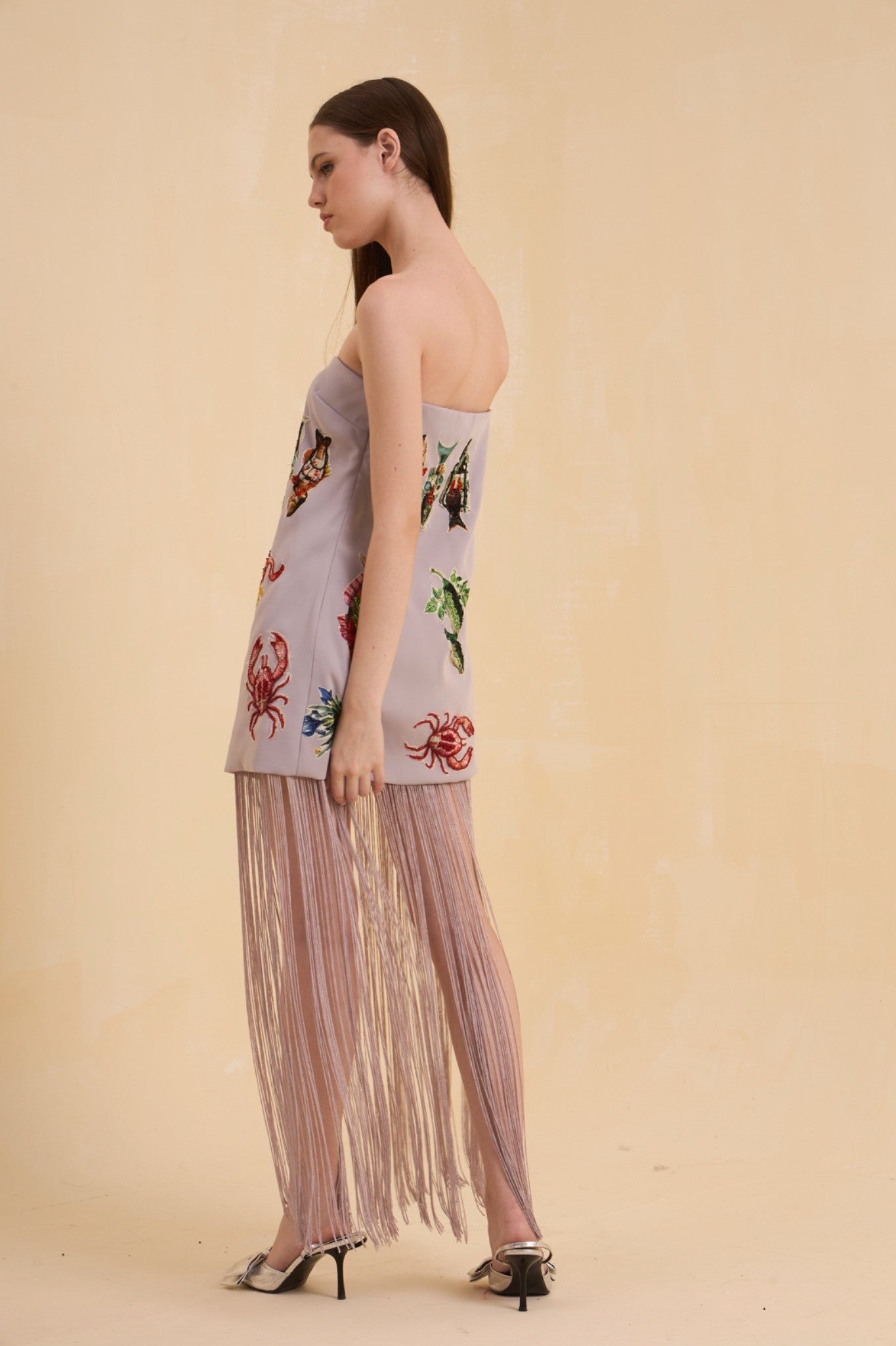 RIV GRAY PATCH ADORNED OFF SHOULDER DRESS