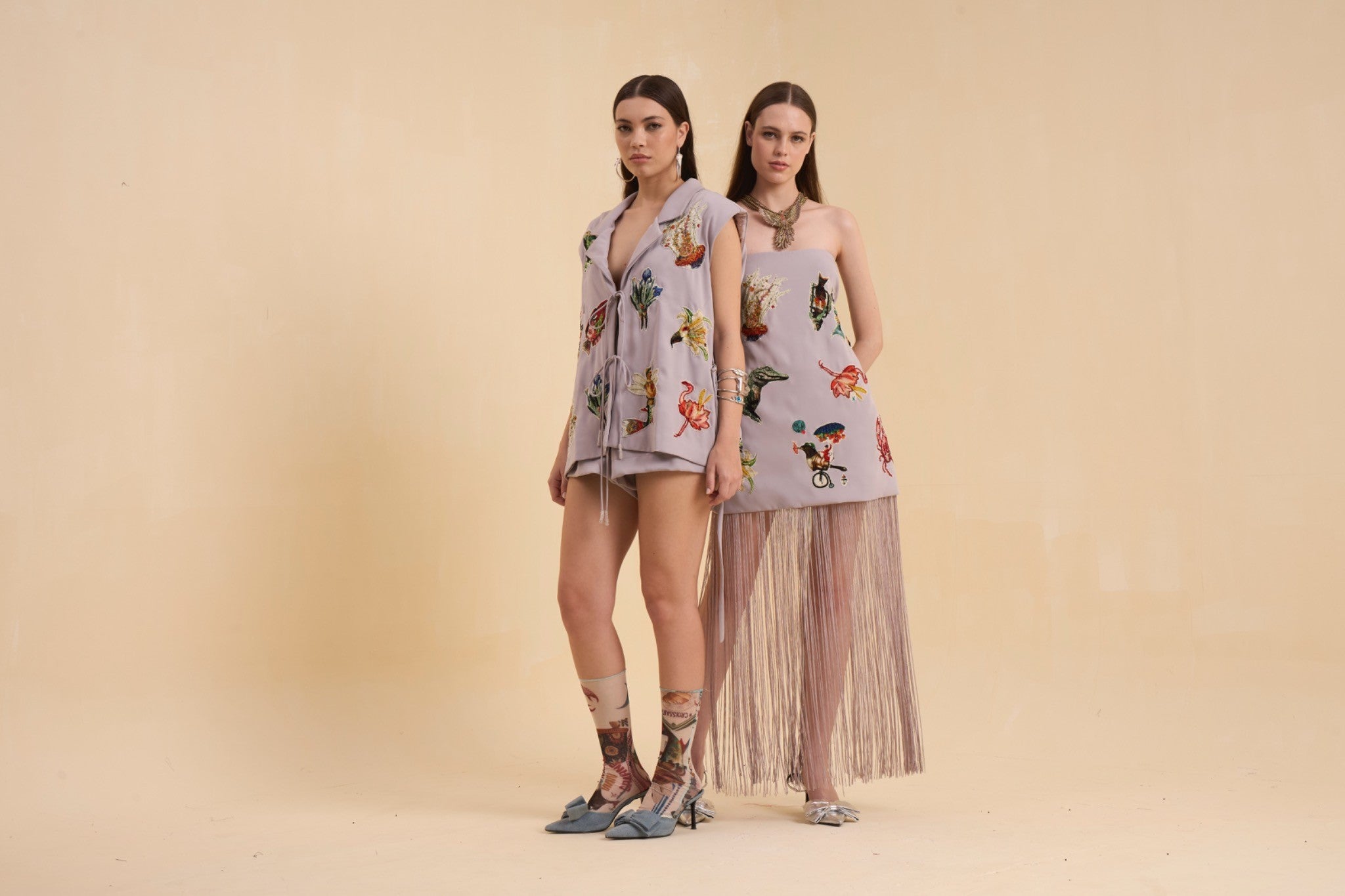 RIV GRAY PATCH ADORNED OFF SHOULDER DRESS