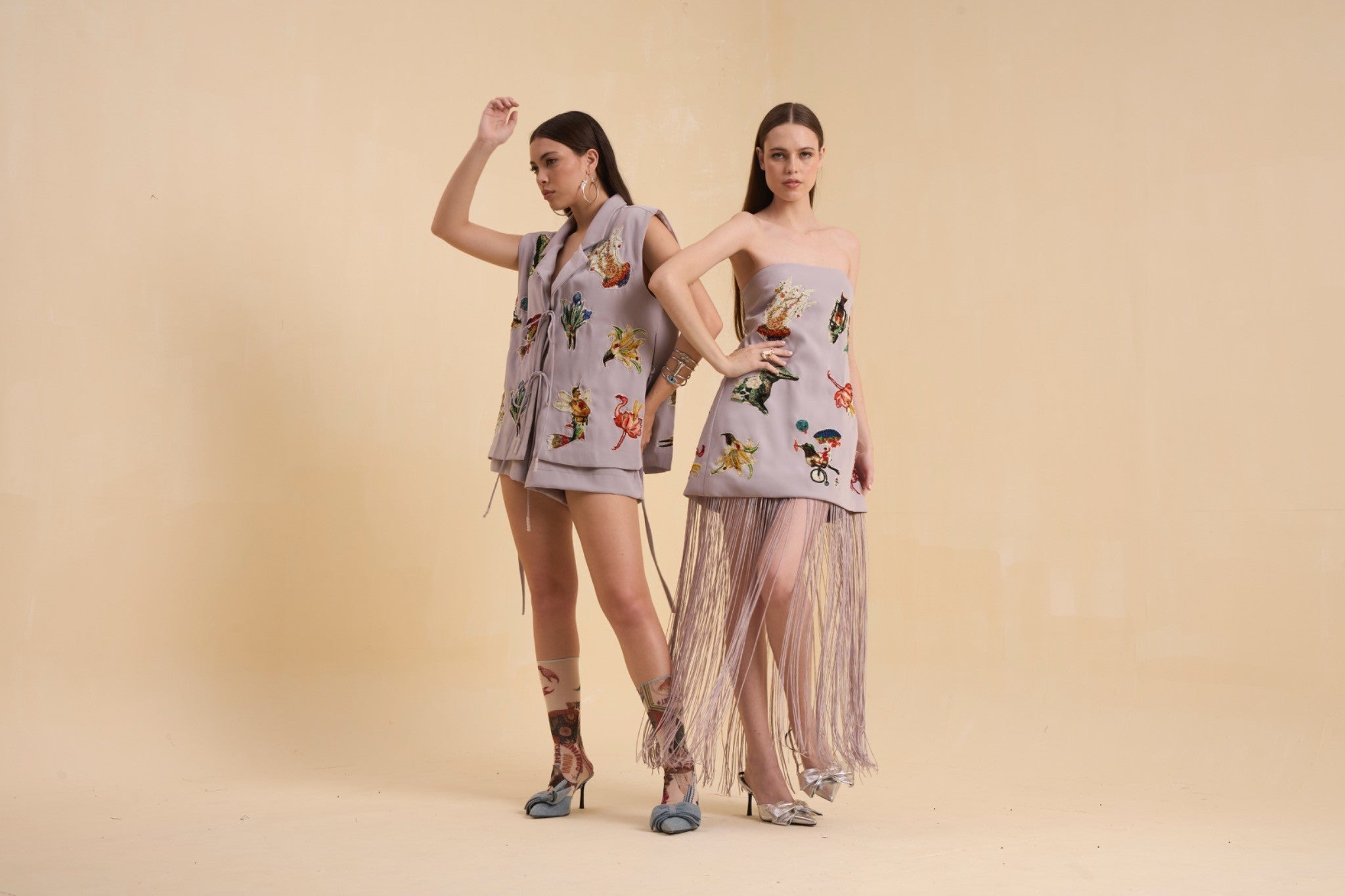 RIV GRAY PATCH ADORNED OFF SHOULDER DRESS