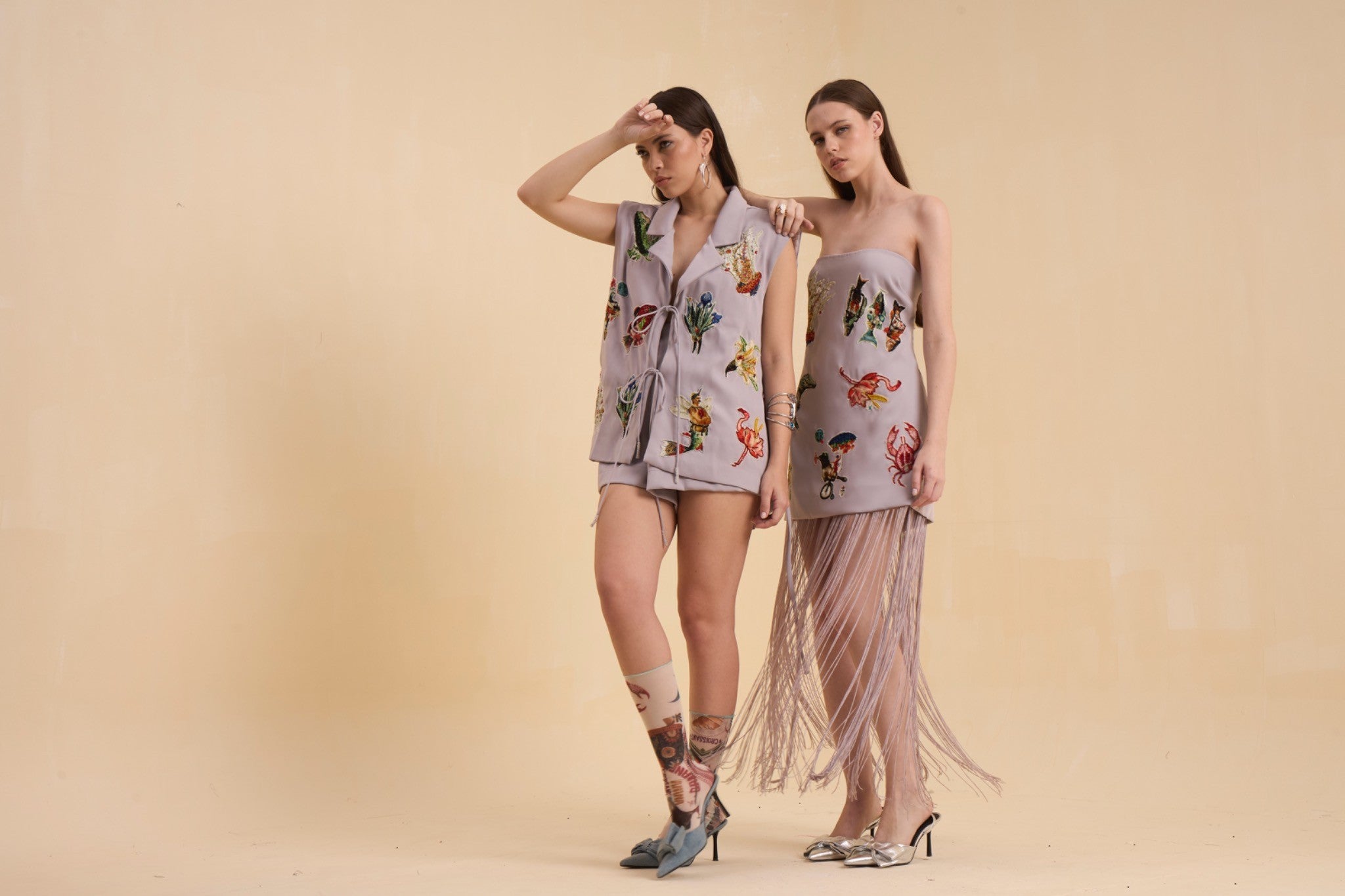 RIV GRAY PATCH ADORNED OFF SHOULDER DRESS