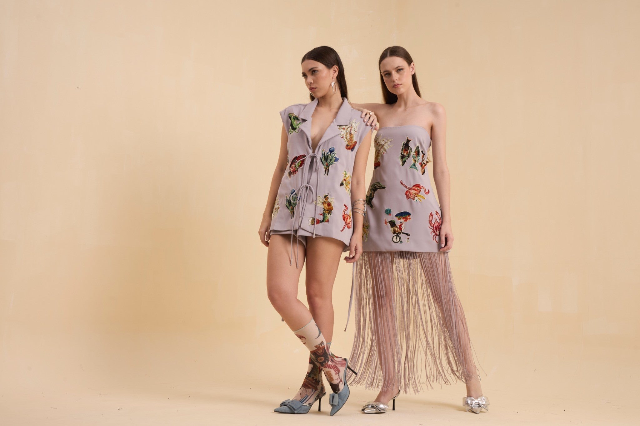 RIV GRAY PATCH ADORNED OFF SHOULDER DRESS