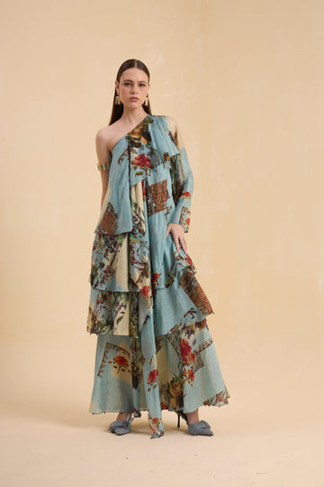 RIV VINTAGE PRINTED ASYMMETRICAL DRESS LONG