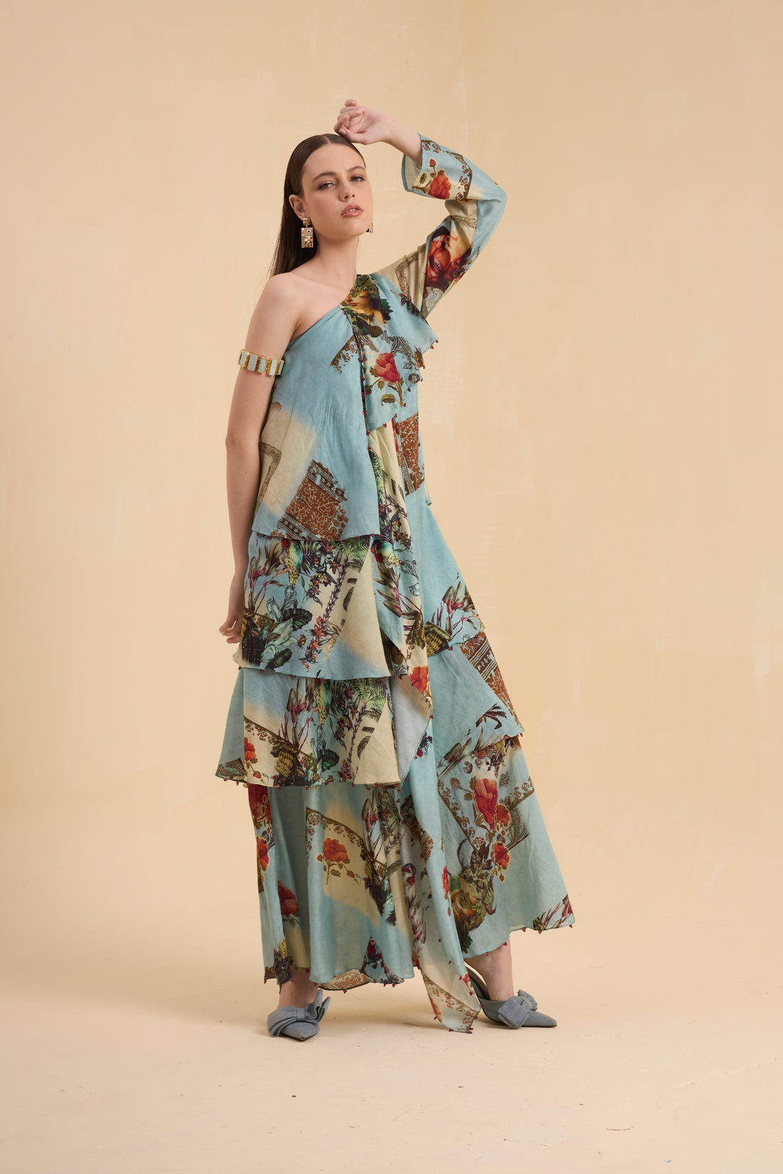 RIV VINTAGE PRINTED ASYMMETRICAL DRESS LONG
