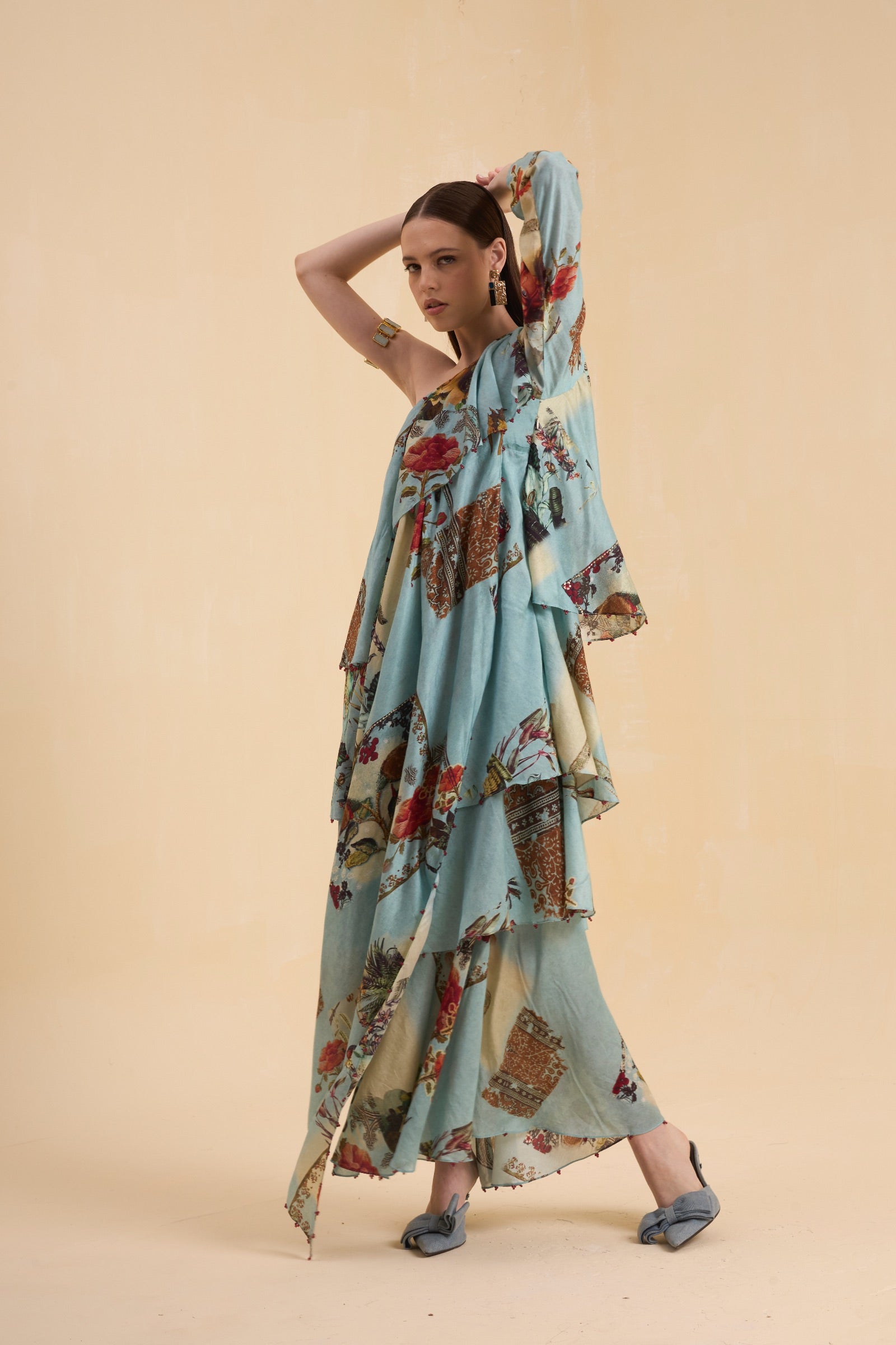 RIV VINTAGE PRINTED ASYMMETRICAL DRESS LONG