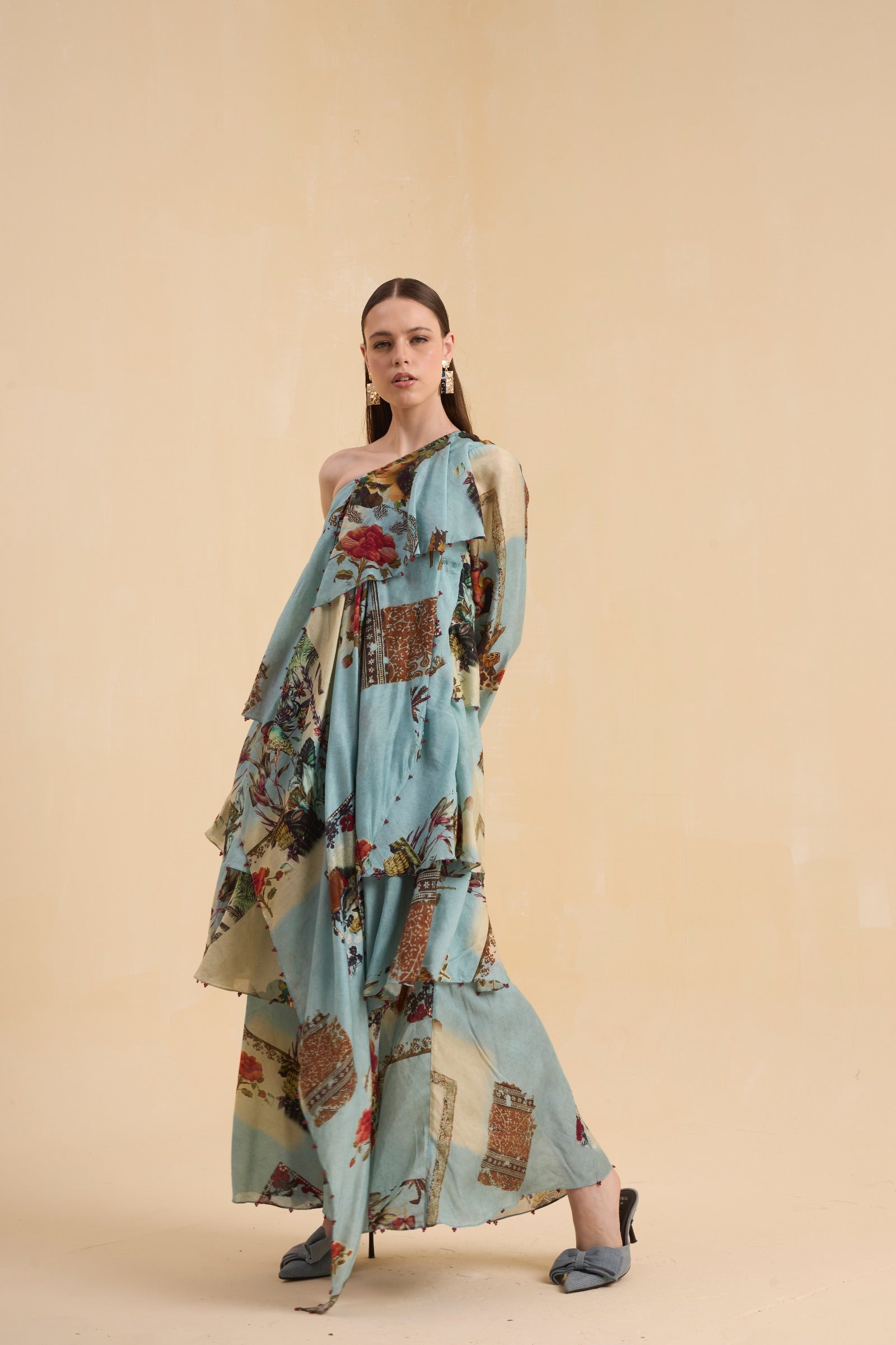 RIV VINTAGE PRINTED ASYMMETRICAL DRESS LONG