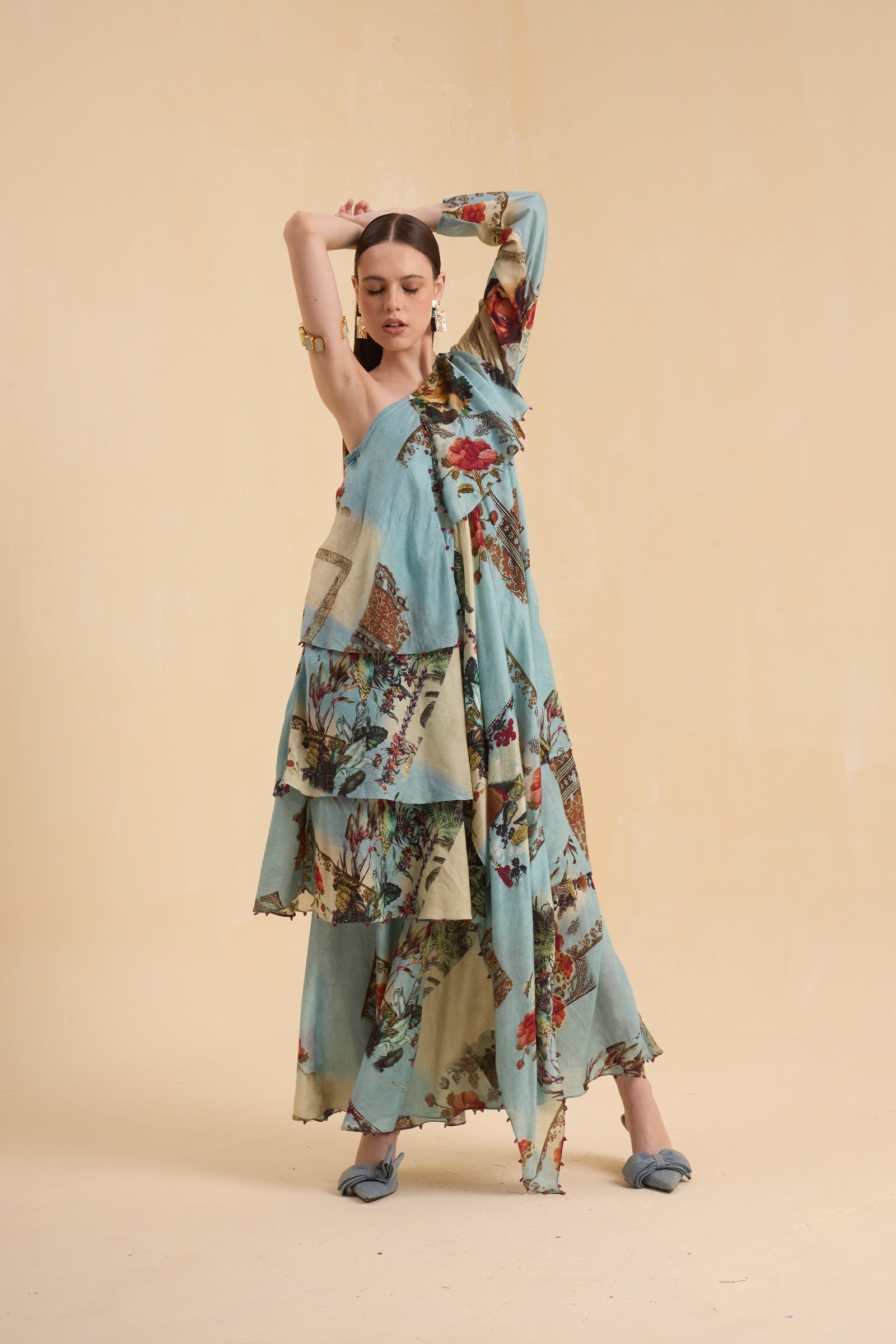 RIV VINTAGE PRINTED ASYMMETRICAL DRESS LONG