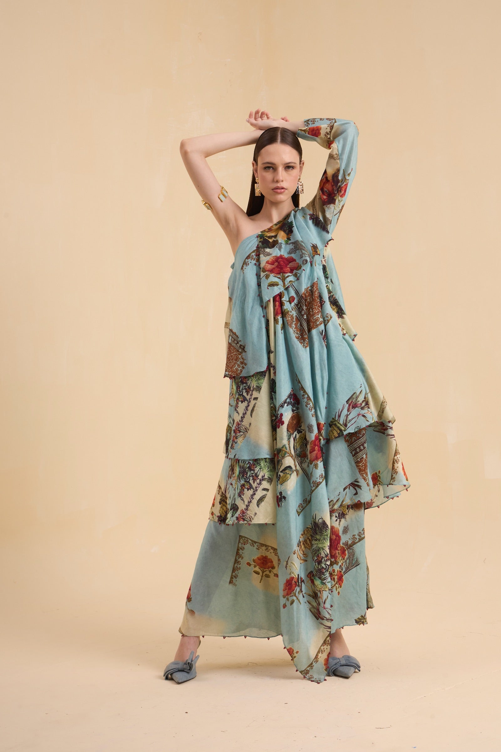 RIV VINTAGE PRINTED ASYMMETRICAL DRESS LONG