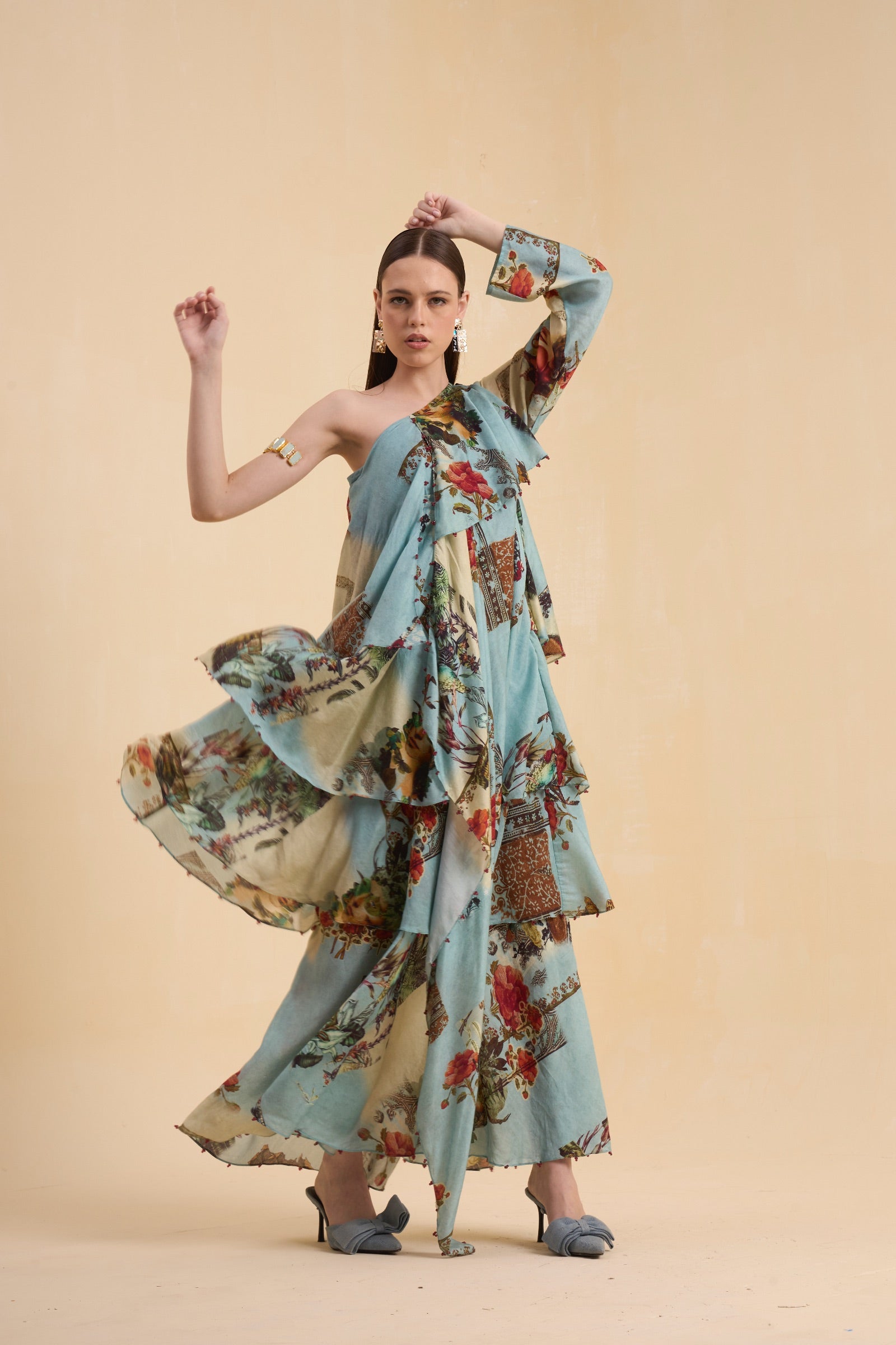 RIV VINTAGE PRINTED ASYMMETRICAL DRESS LONG