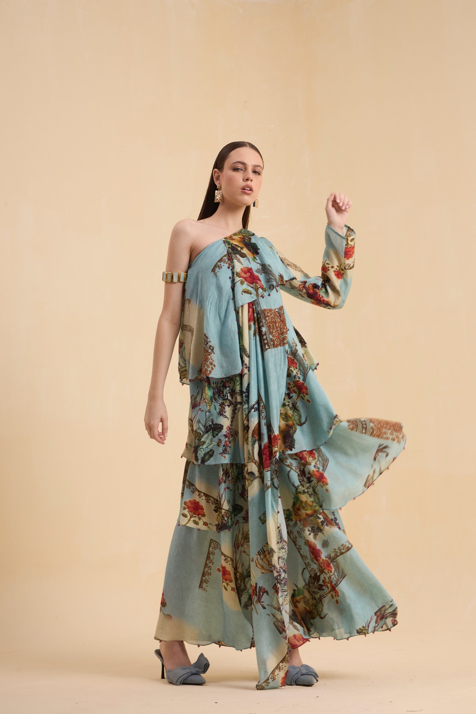 RIV VINTAGE PRINTED ASYMMETRICAL DRESS LONG