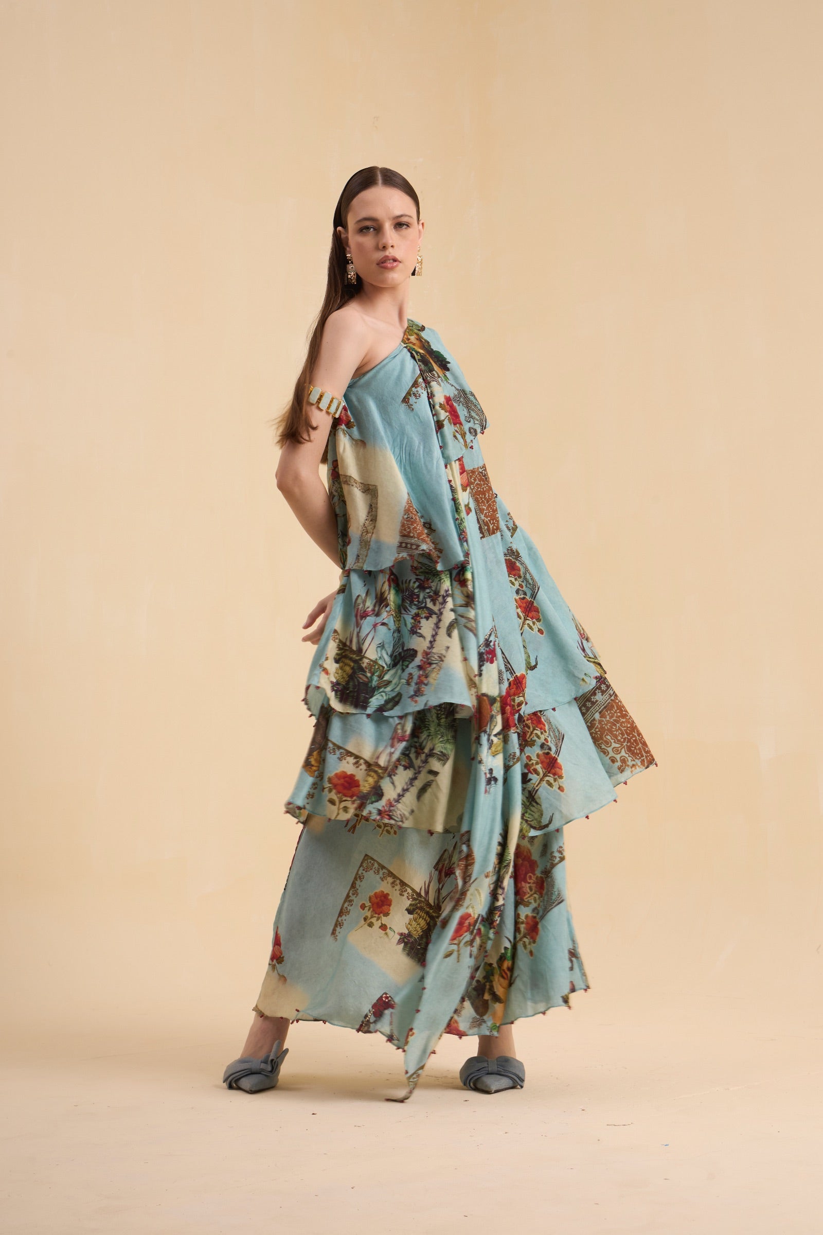 RIV VINTAGE PRINTED ASYMMETRICAL DRESS LONG