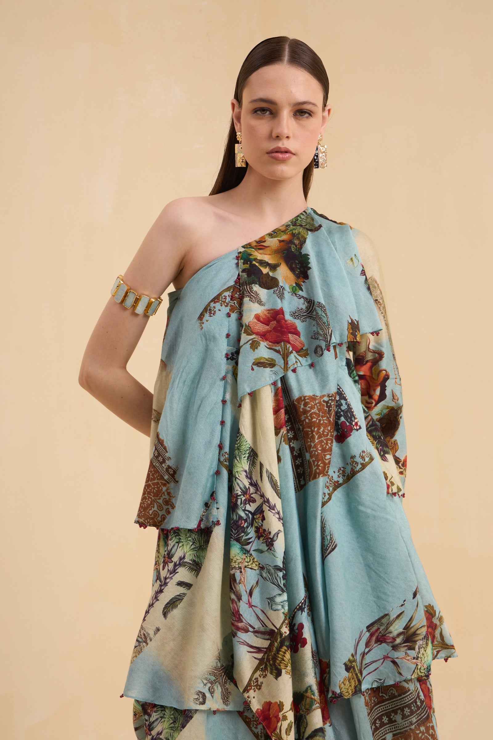 RIV VINTAGE PRINTED ASYMMETRICAL DRESS LONG