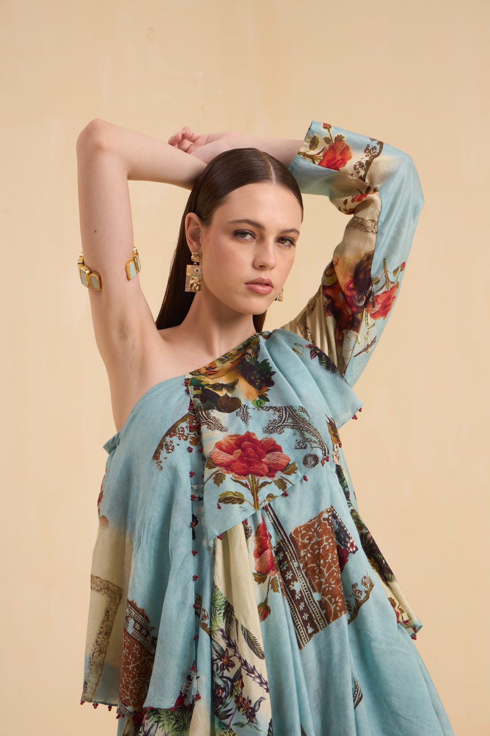 RIV VINTAGE PRINTED ASYMMETRICAL DRESS LONG
