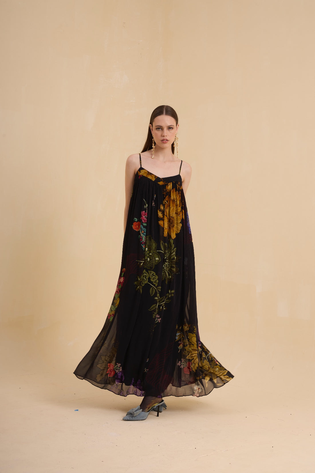 RIV BLACK FLORAL EMBELLISHED STRAPPY DRESS LONG