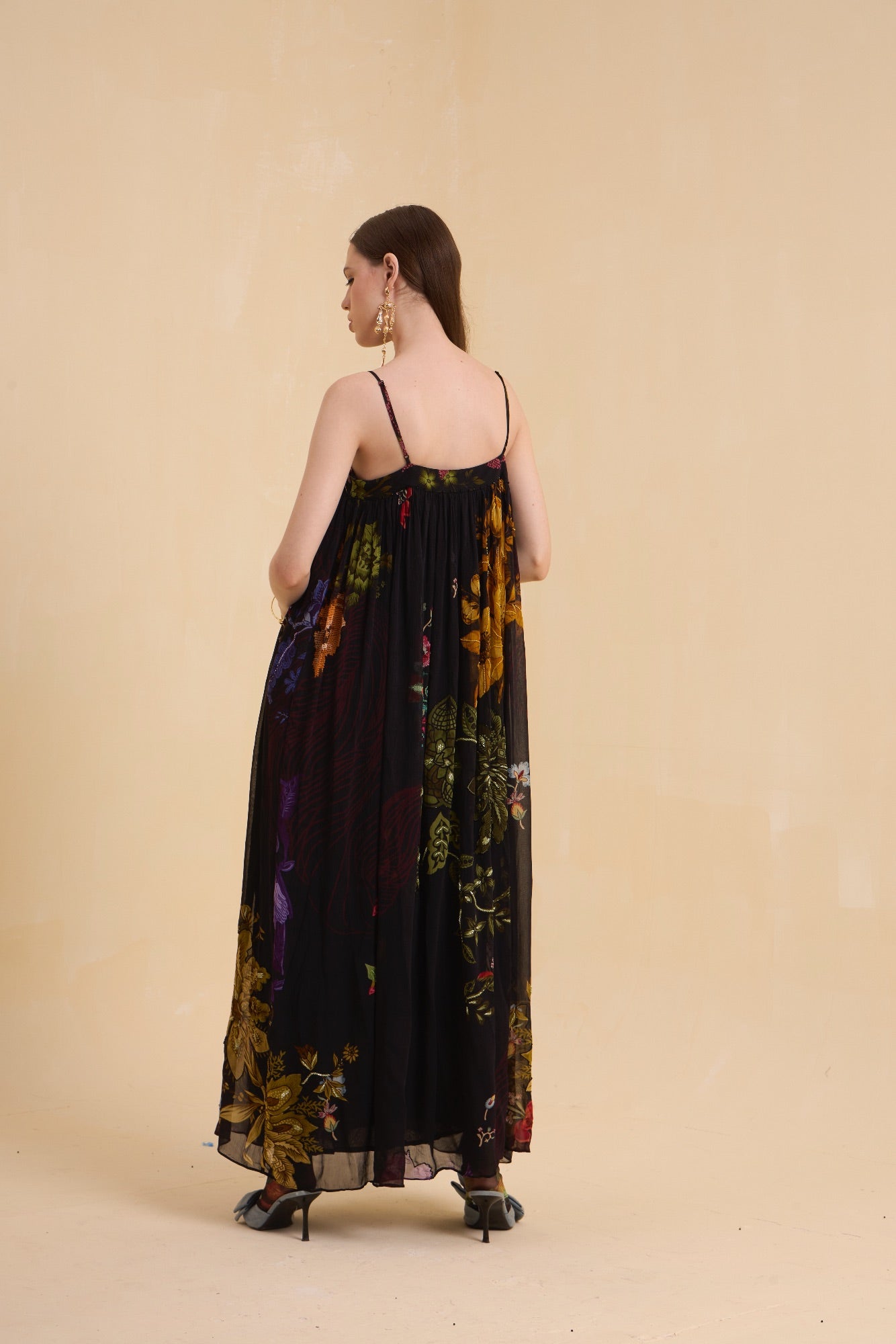 RIV BLACK FLORAL EMBELLISHED STRAPPY DRESS LONG