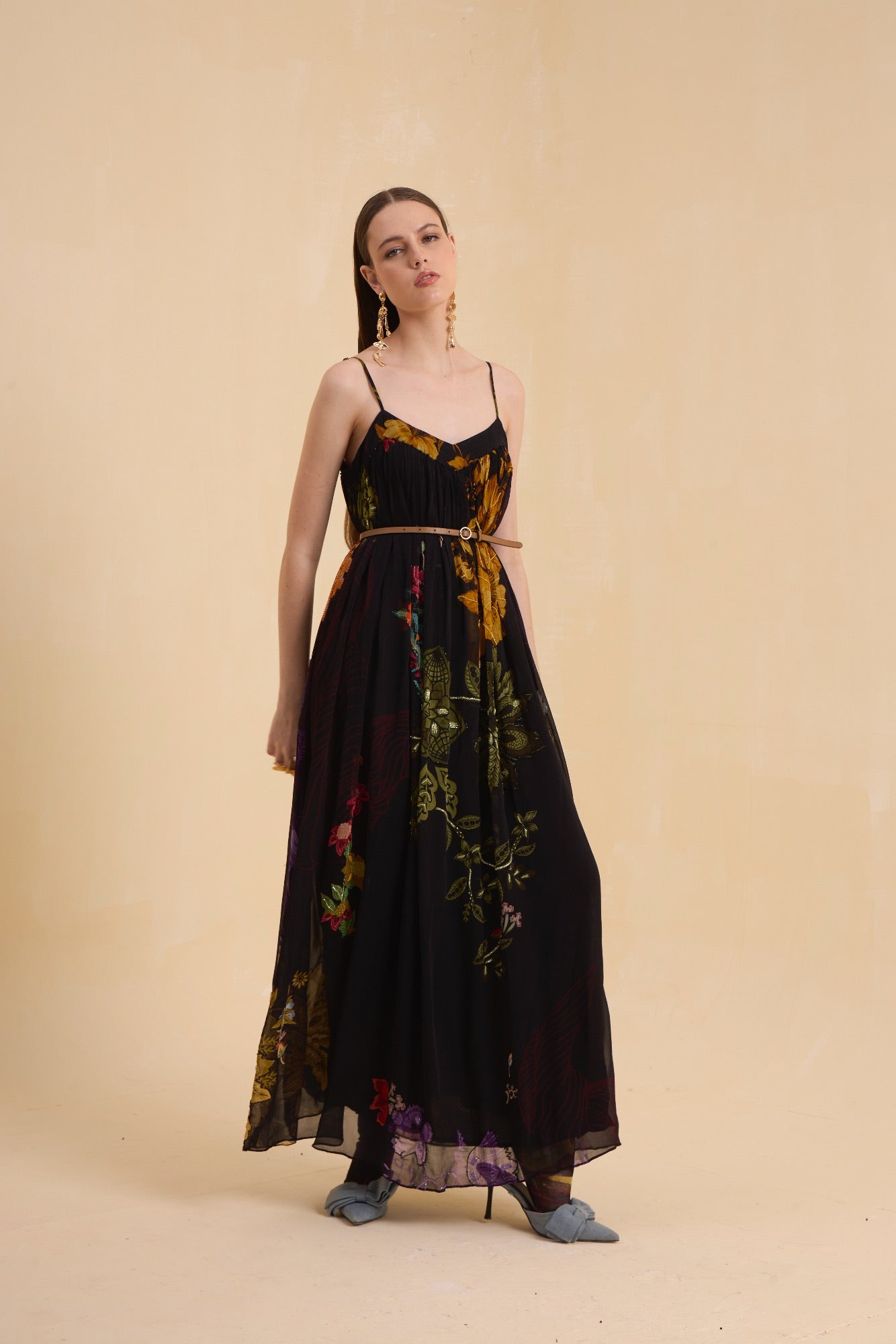 RIV BLACK FLORAL EMBELLISHED STRAPPY DRESS LONG