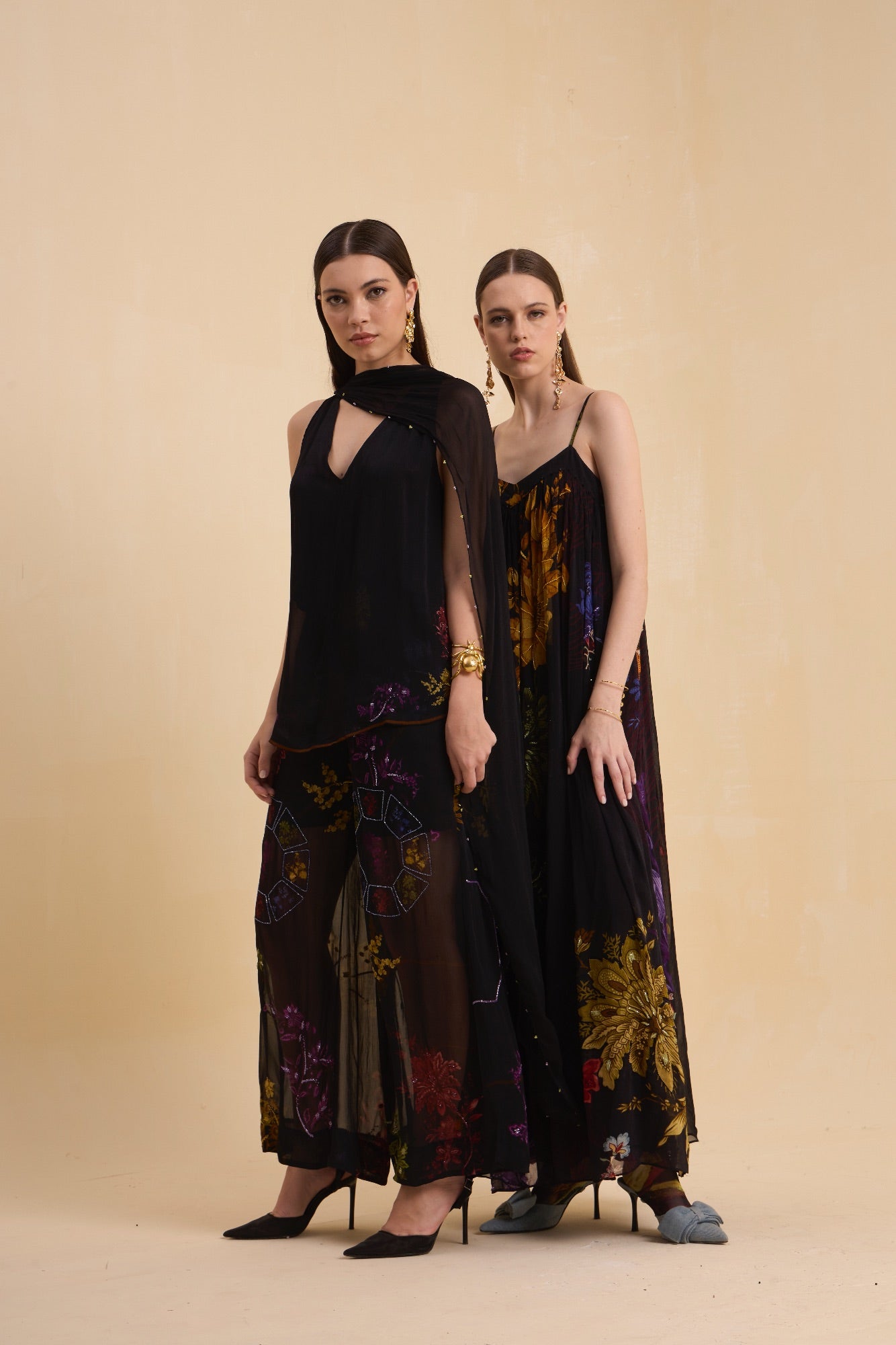 RIV BLACK FLORAL EMBELLISHED STRAPPY DRESS LONG