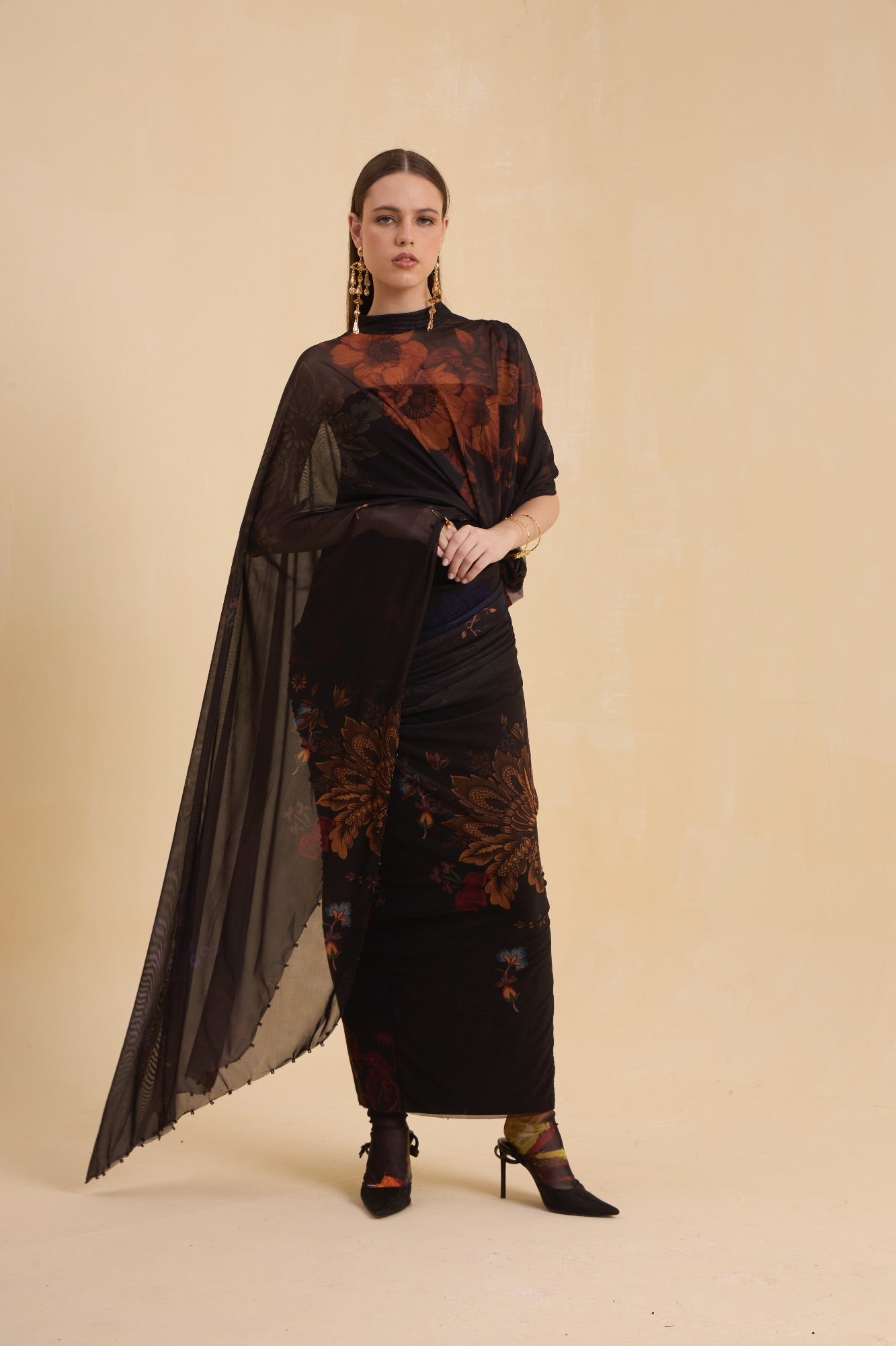 RIV BLACK FLORAL DRAPE DRESS LONG