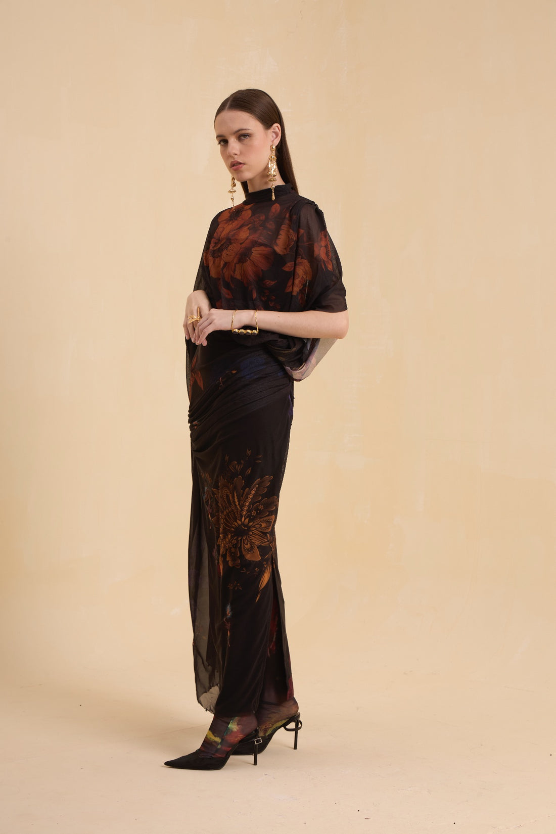 RIV BLACK FLORAL DRAPE DRESS LONG