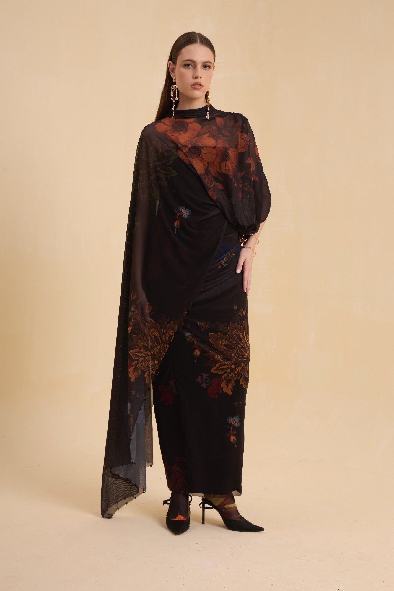 RIV BLACK FLORAL DRAPE DRESS LONG