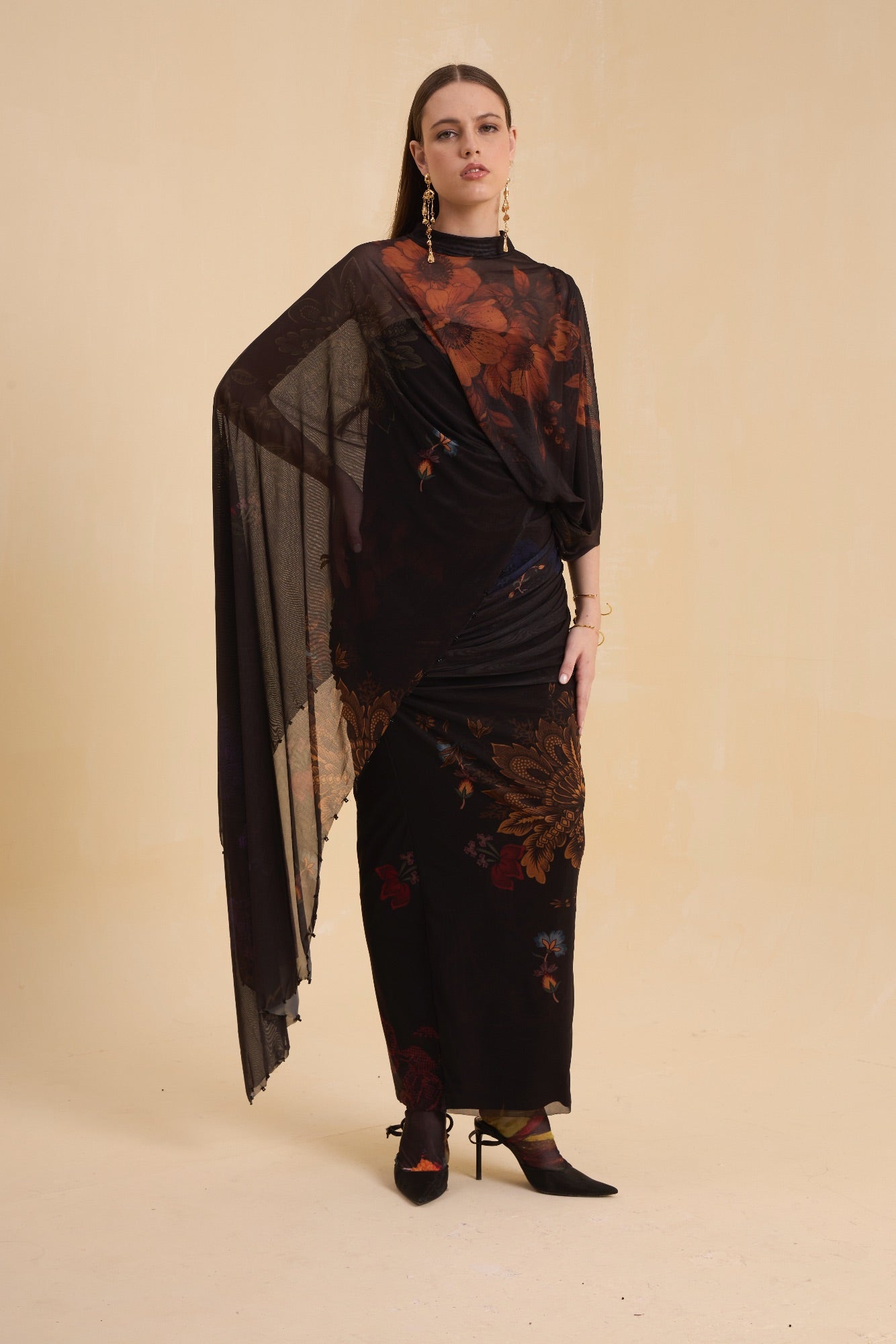 RIV BLACK FLORAL DRAPE DRESS LONG