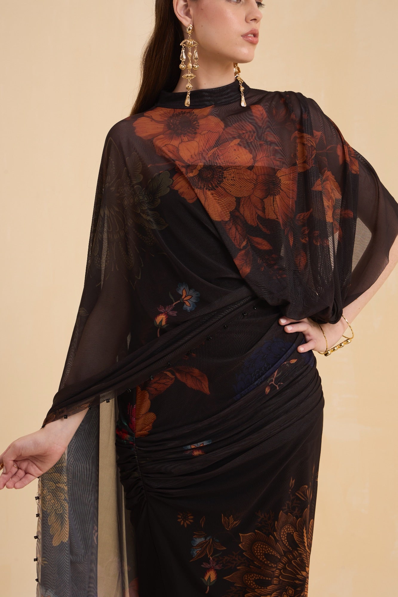 RIV BLACK FLORAL DRAPE DRESS LONG