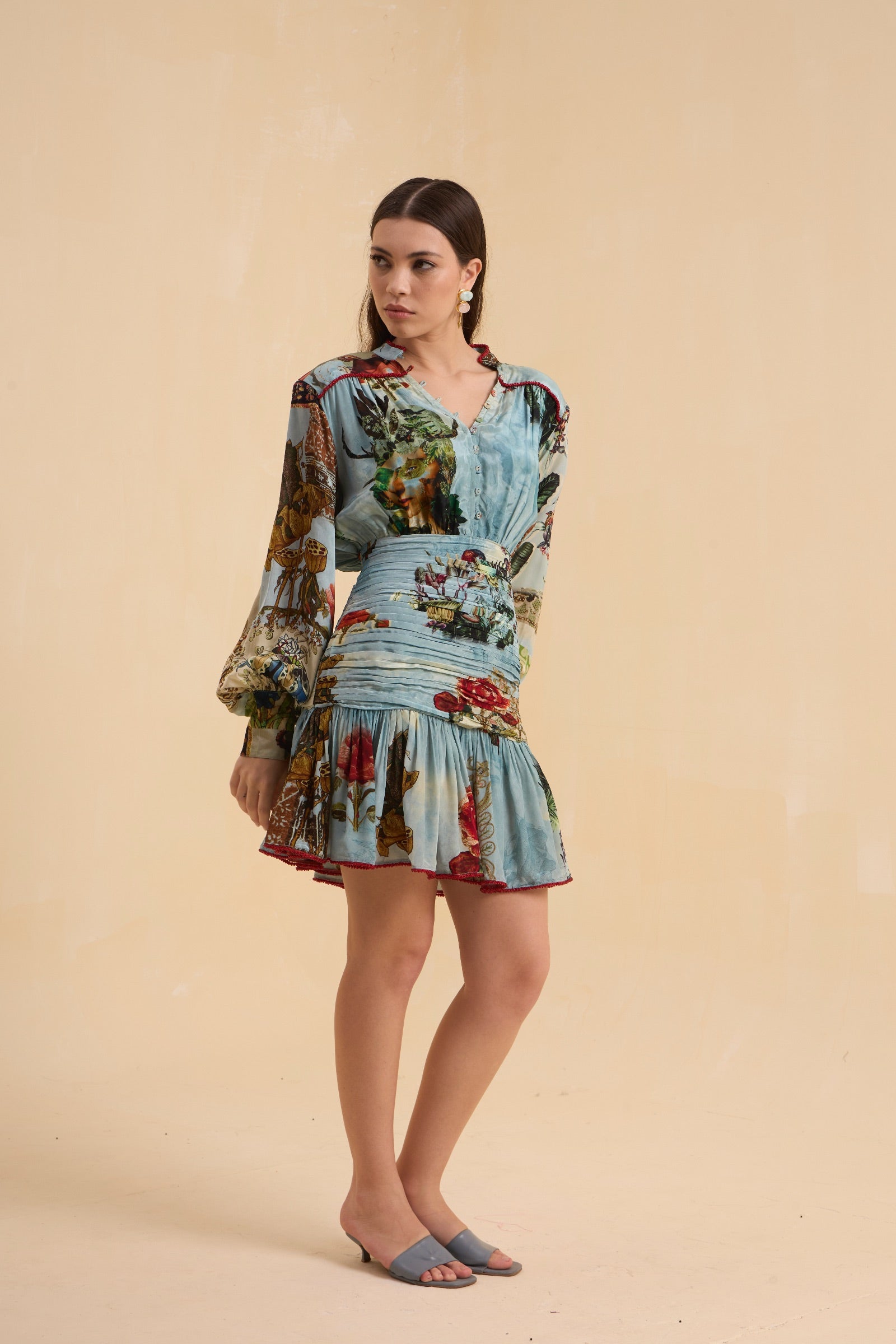 RIV VINTAGE PRINTED V NECK DRESS SHORT