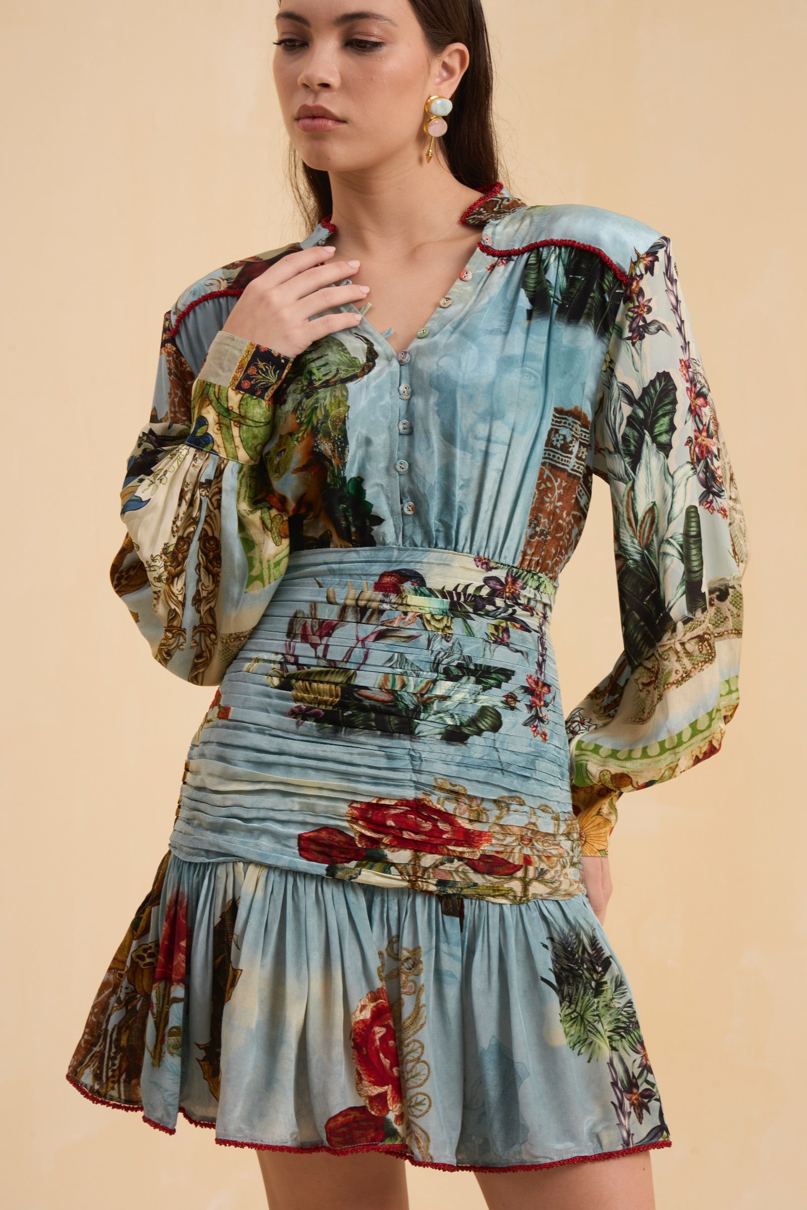 RIV VINTAGE PRINTED V NECK DRESS SHORT