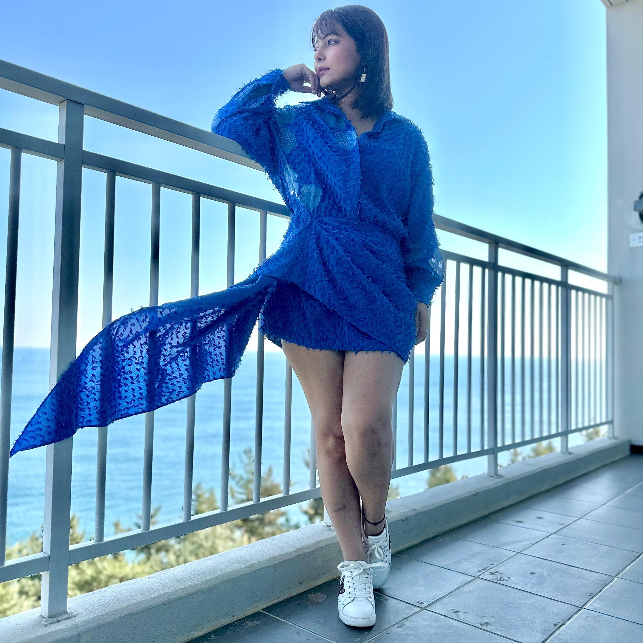 HINA KHAN X CRUNK BLUE FLOWER EMBROIDERED MINI DRESS