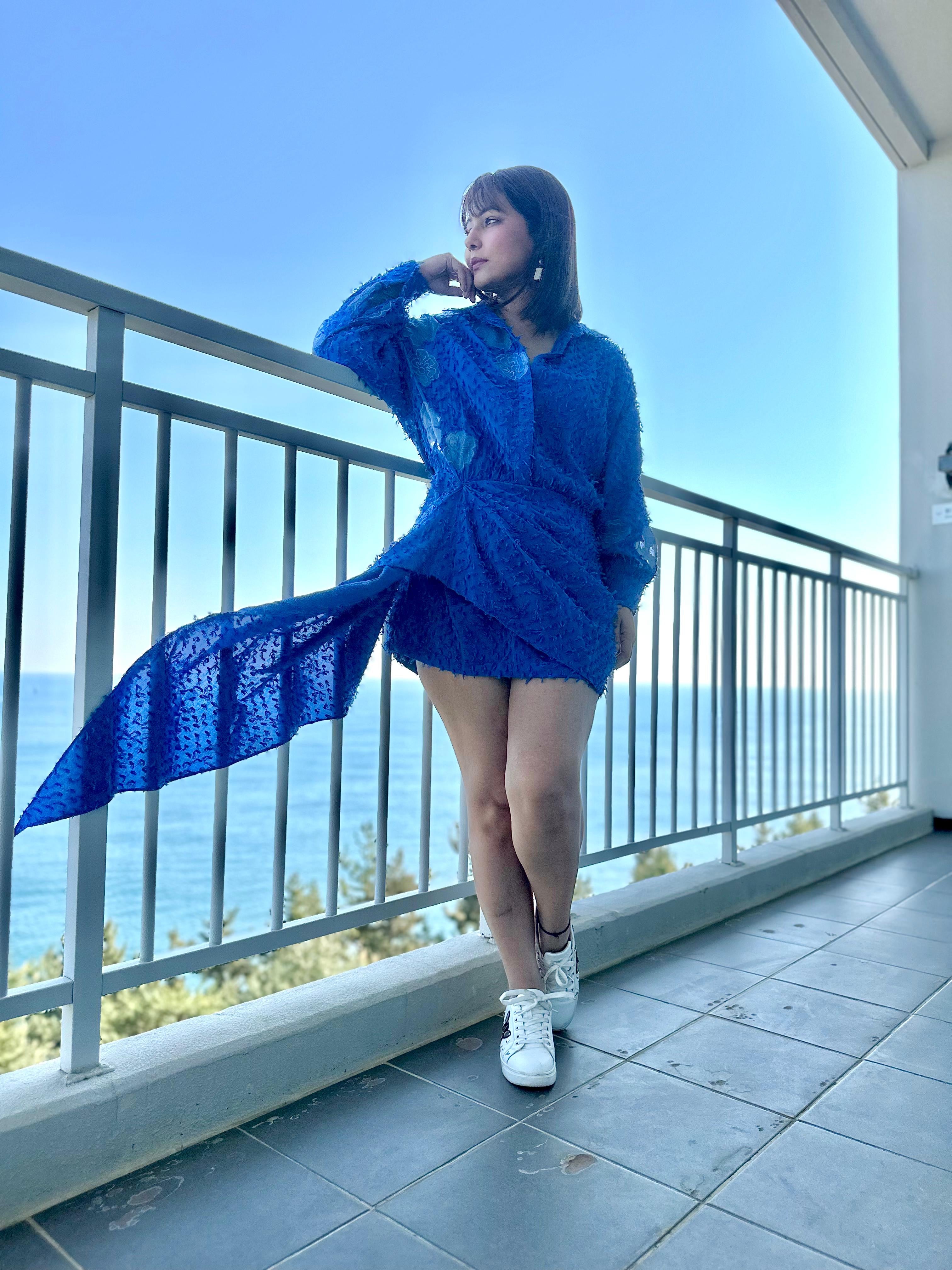HINA KHAN X CRUNK BLUE FLOWER EMBROIDERED MINI DRESS