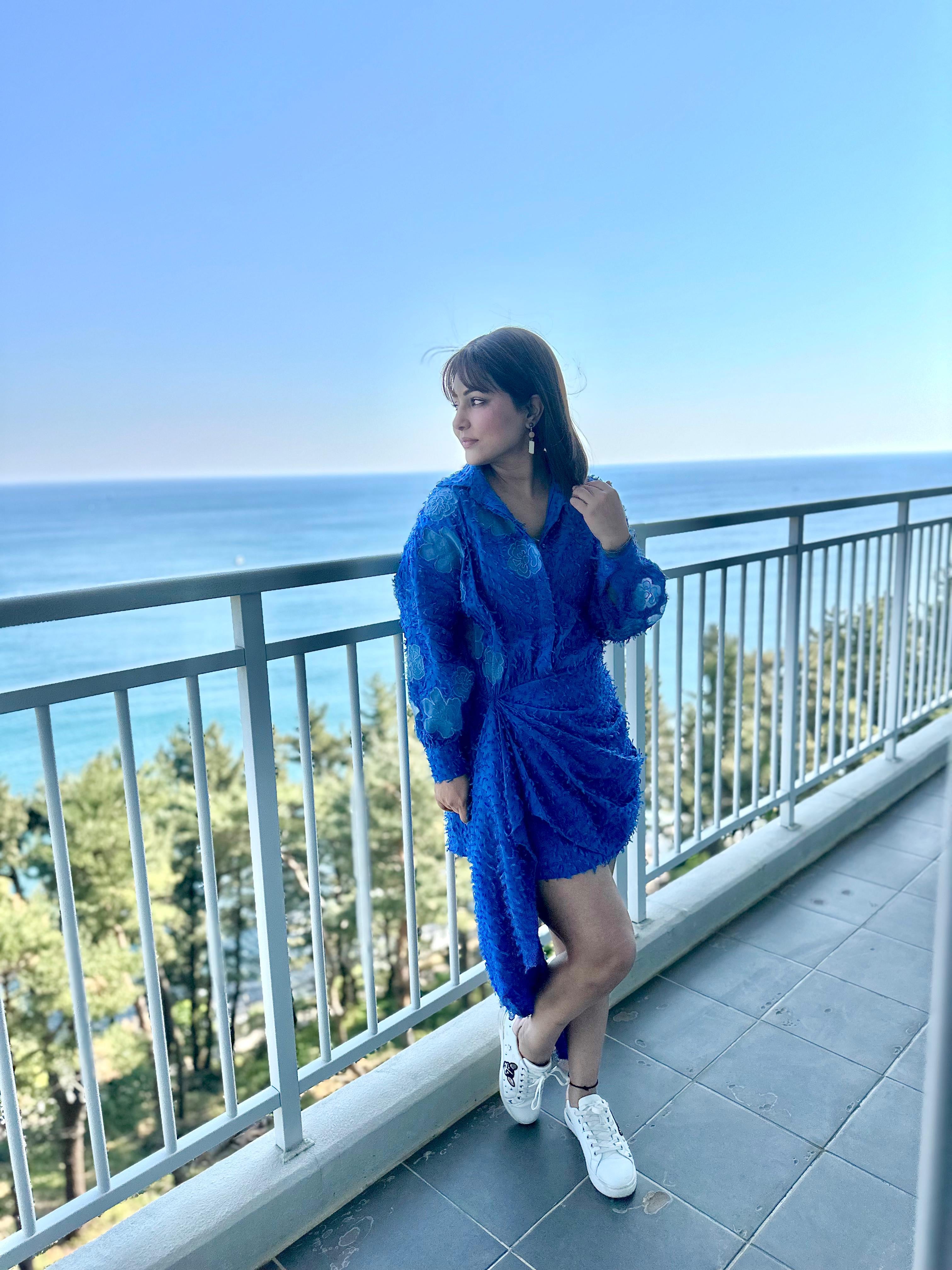 HINA KHAN X CRUNK BLUE FLOWER EMBROIDERED MINI DRESS