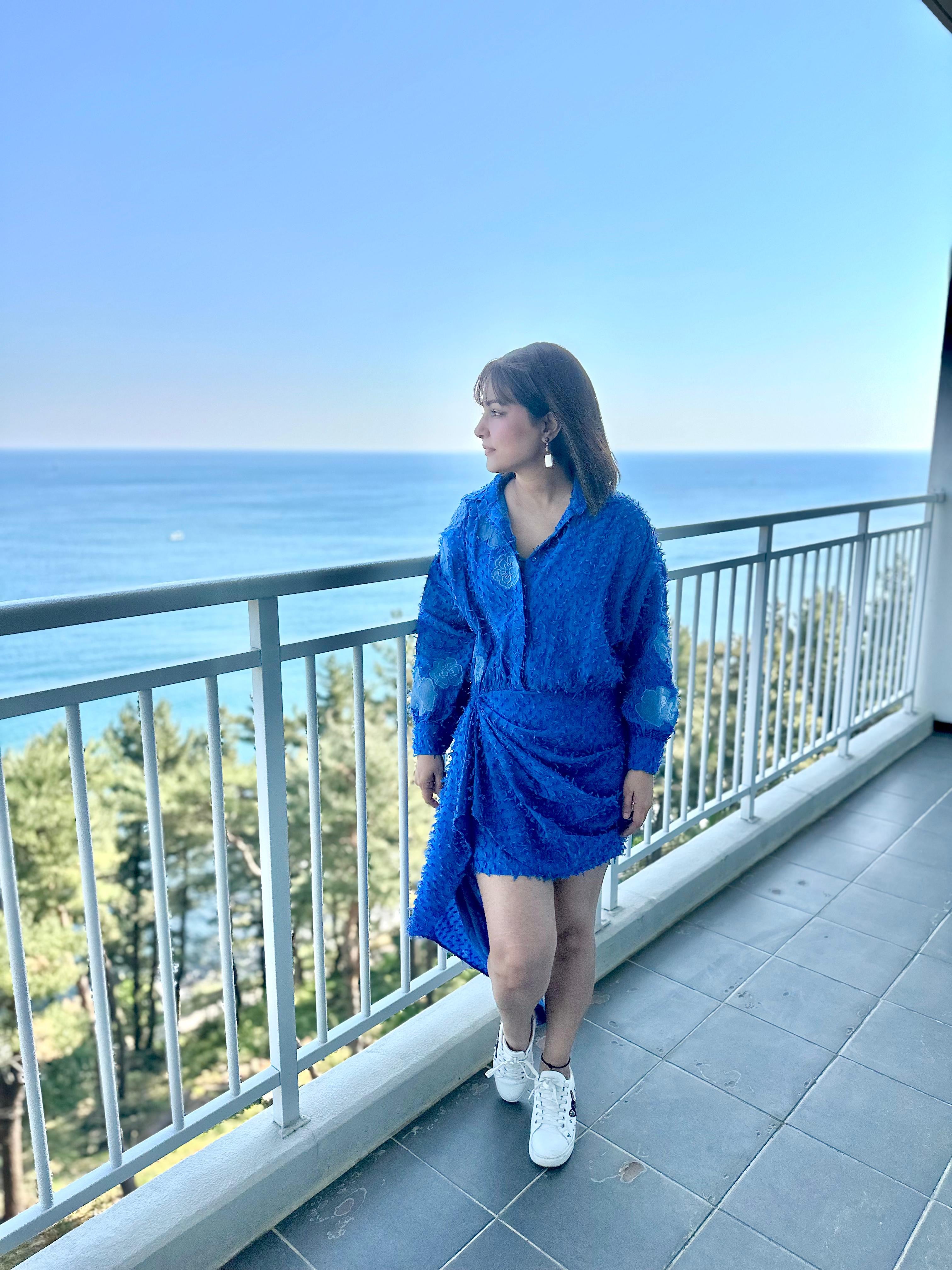 HINA KHAN X CRUNK BLUE FLOWER EMBROIDERED MINI DRESS
