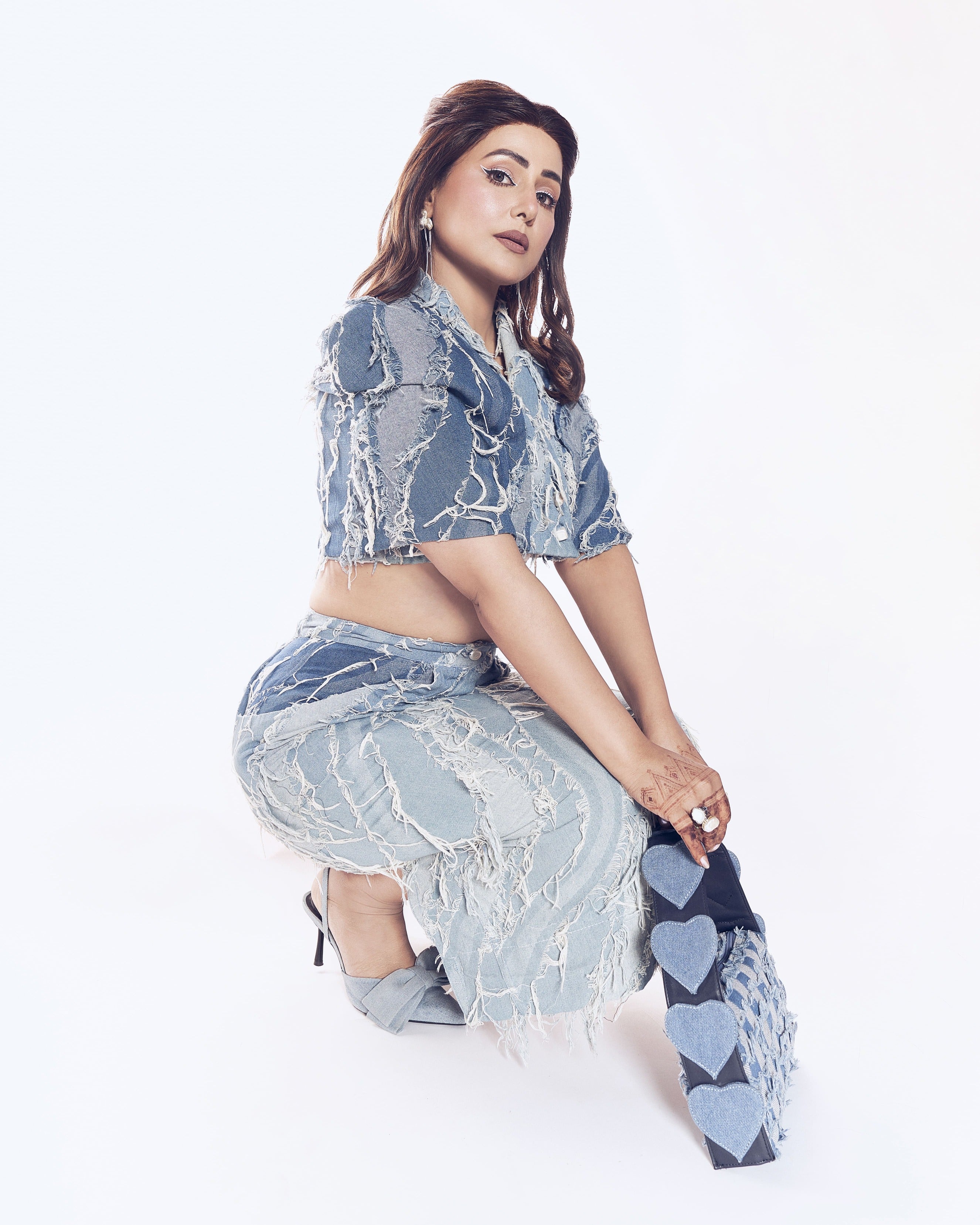 HINA KHAN X CRUNK LIGHT BLUE WASH FRINGED DENIM CO-ORD