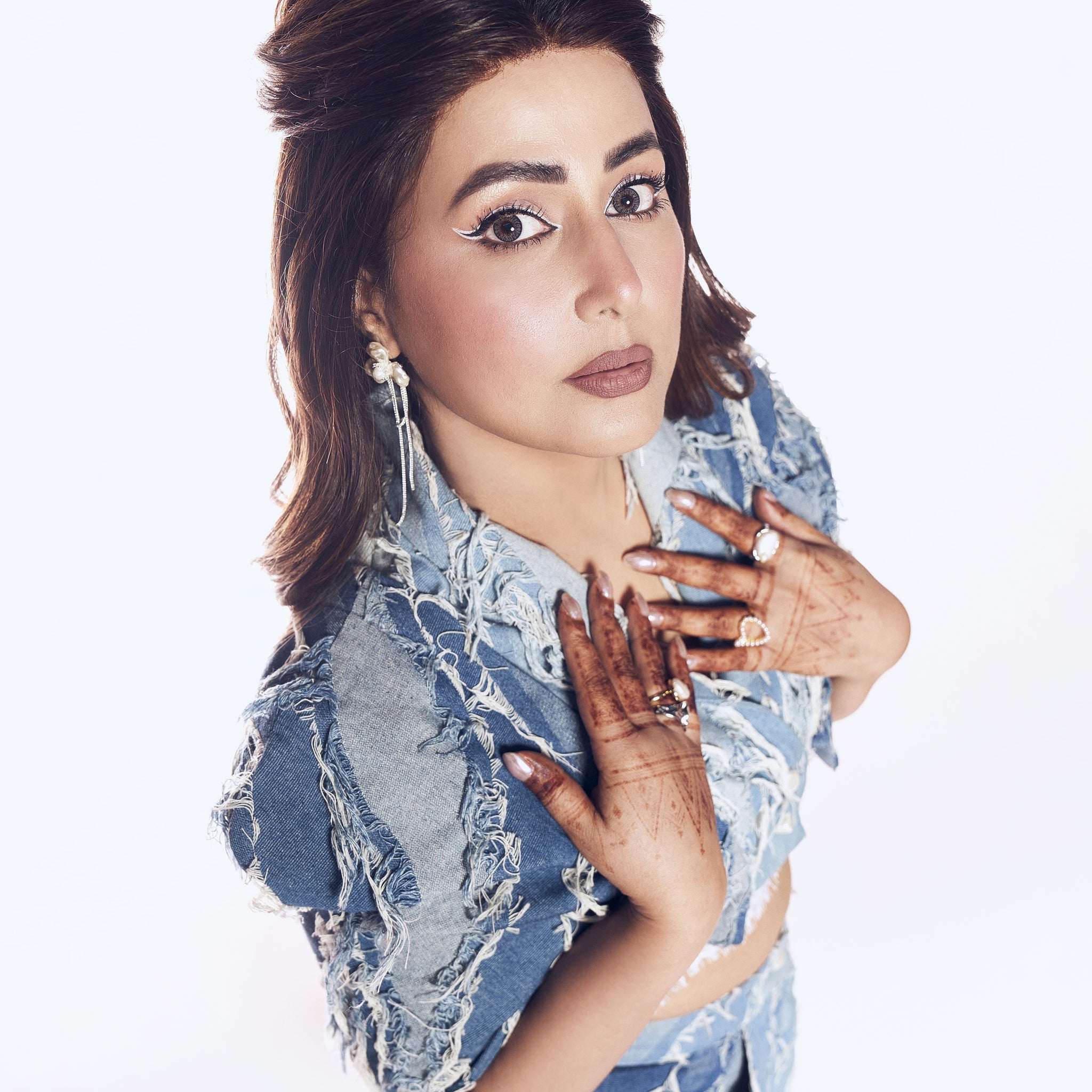 HINA KHAN X CRUNK LIGHT BLUE WASH FRINGED DENIM CO-ORD