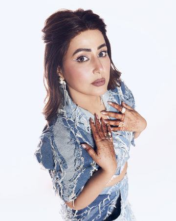 HINA KHAN X CRUNK LIGHT BLUE WASH FRINGED DENIM CO-ORD