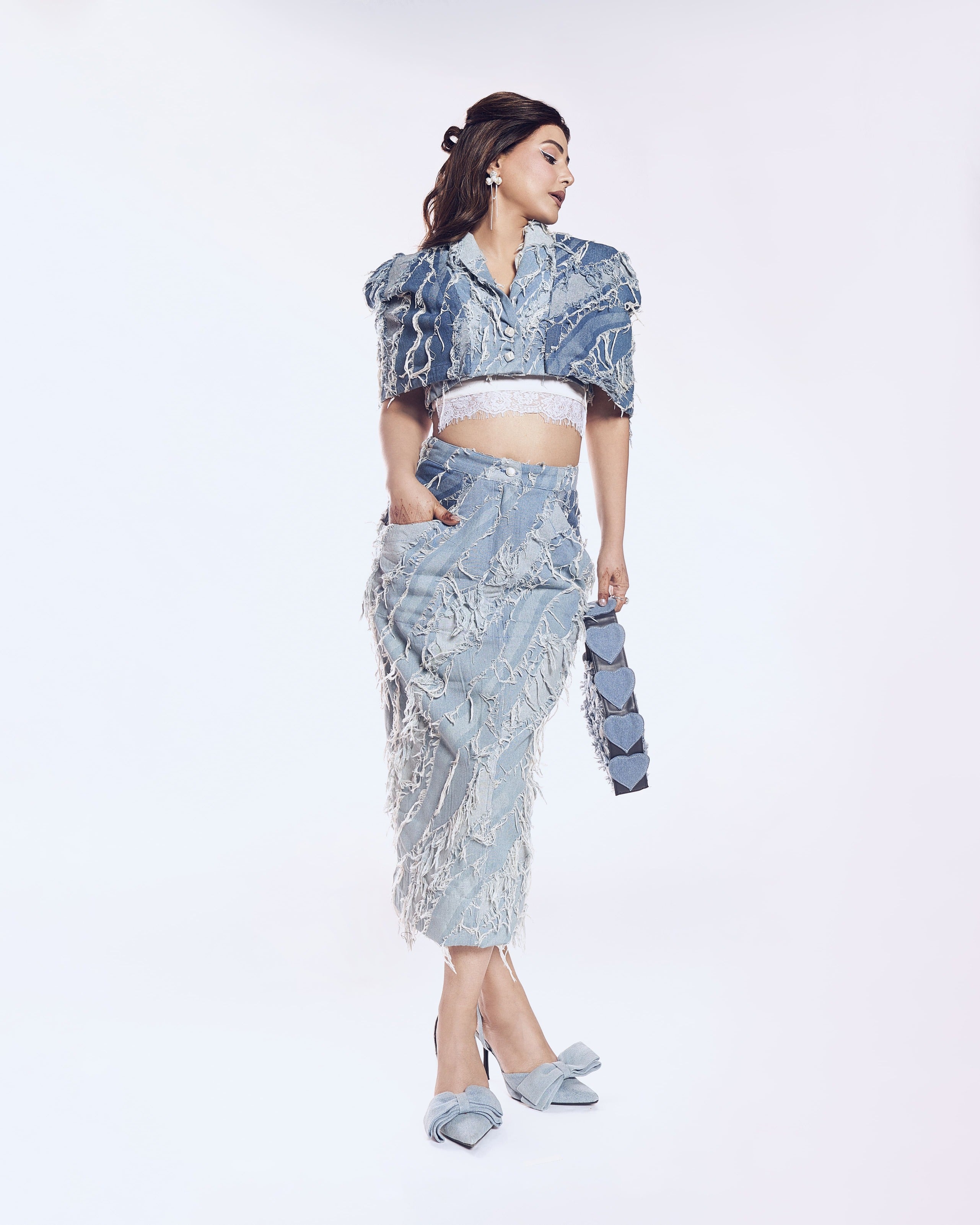 HINA KHAN X CRUNK LIGHT BLUE WASH FRINGED DENIM CO-ORD