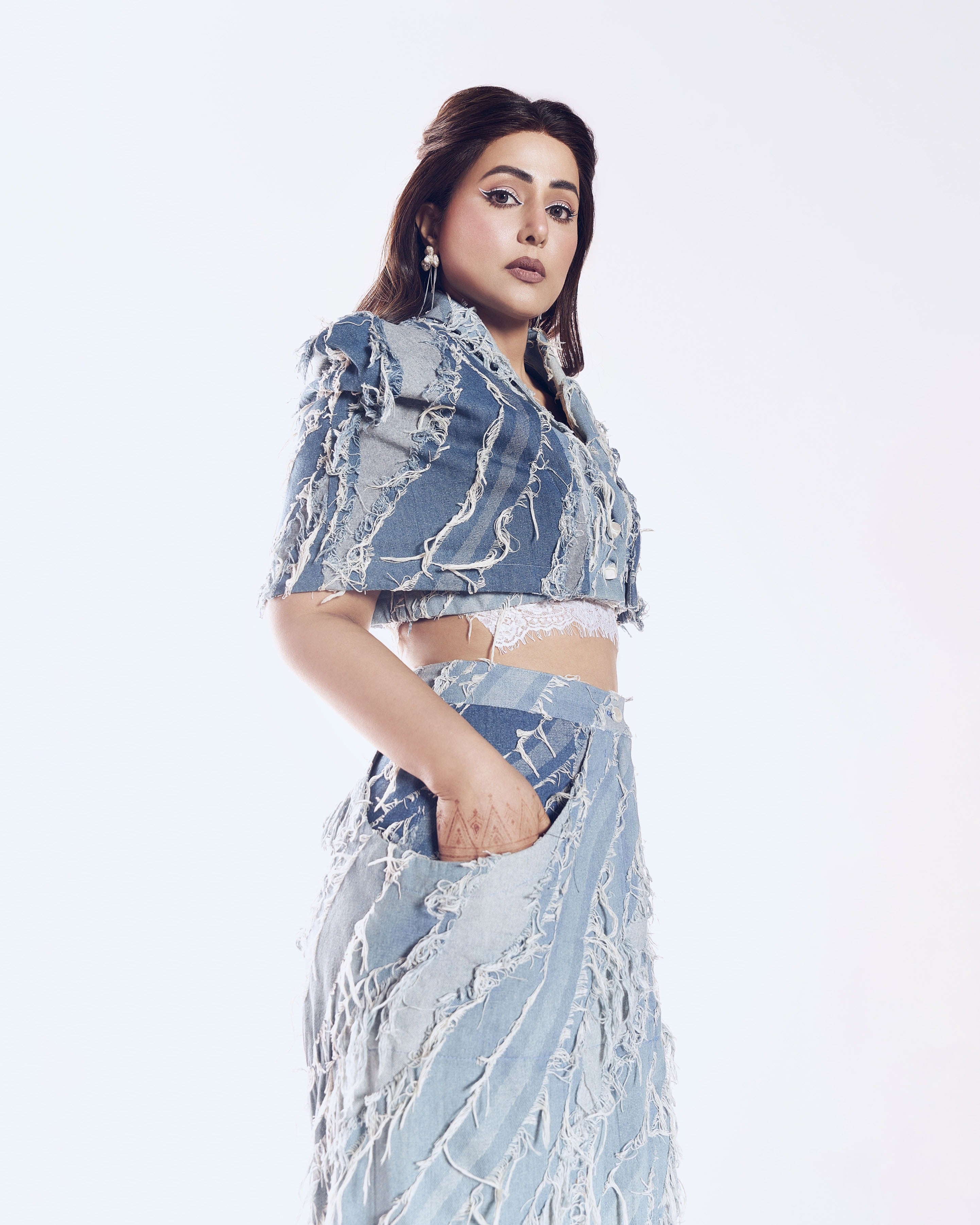 HINA KHAN X CRUNK LIGHT BLUE WASH FRINGED DENIM CO-ORD