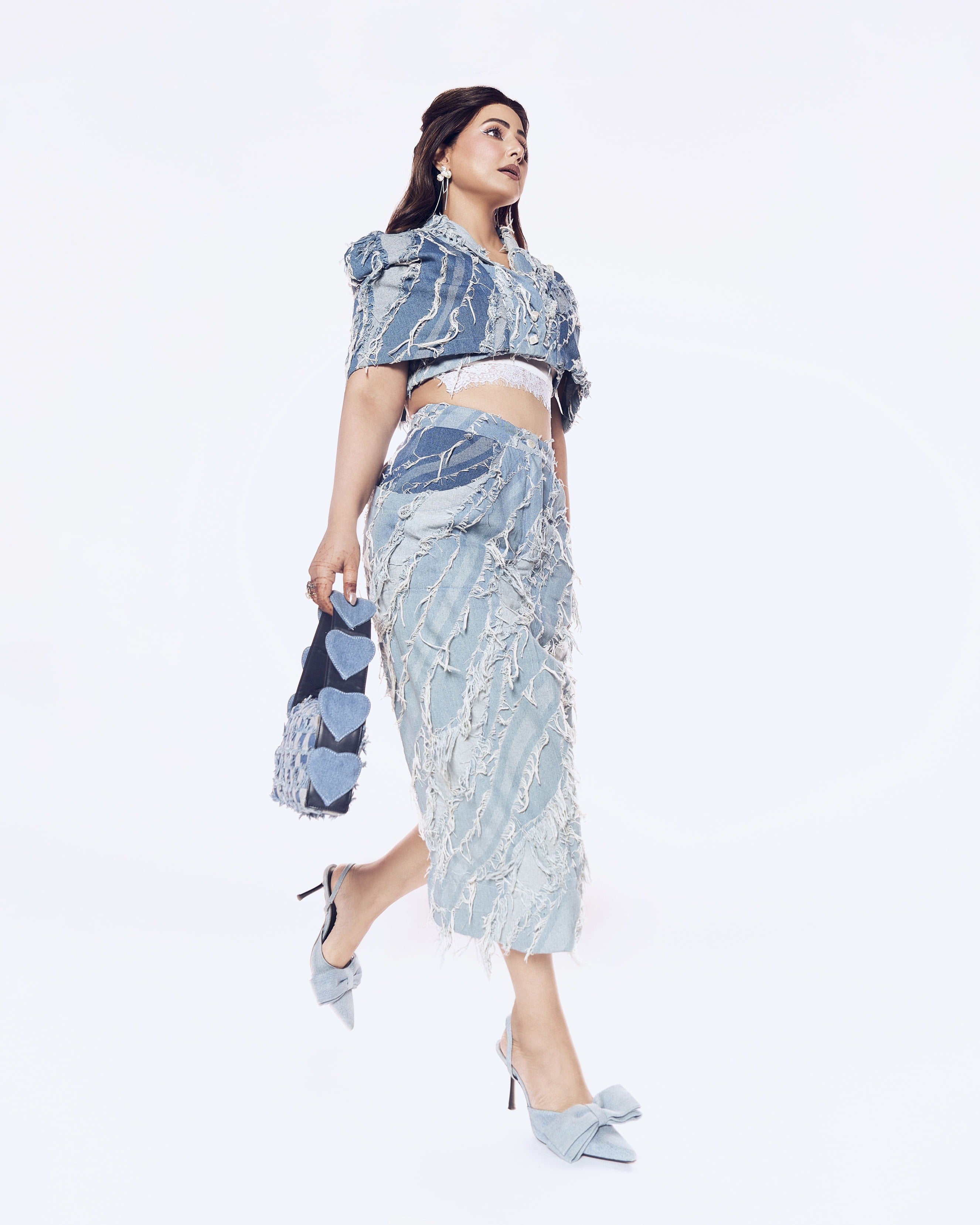HINA KHAN X CRUNK LIGHT BLUE WASH FRINGED DENIM CO-ORD