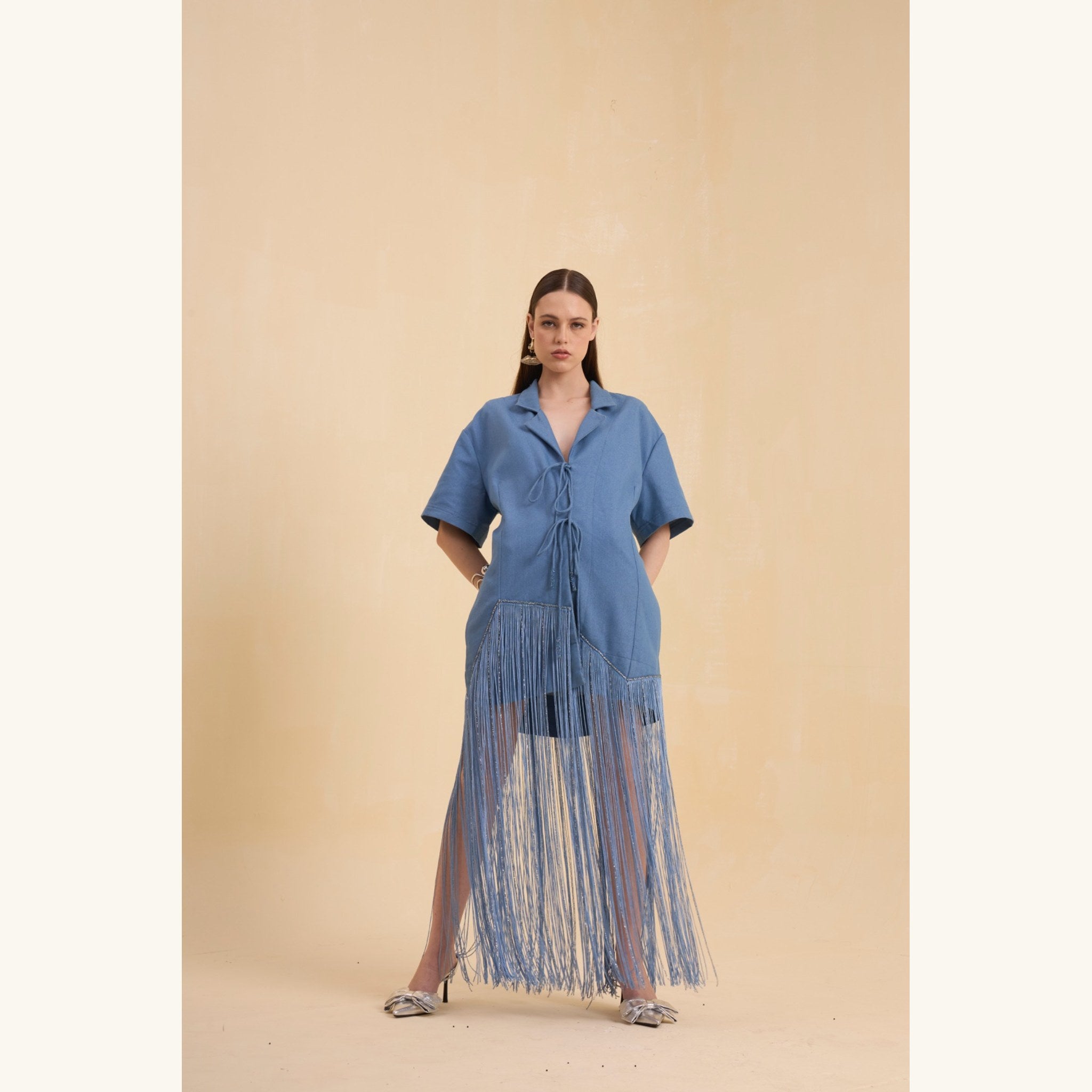 RIV DENIM BLUE FRINGED BLAZER DRESS