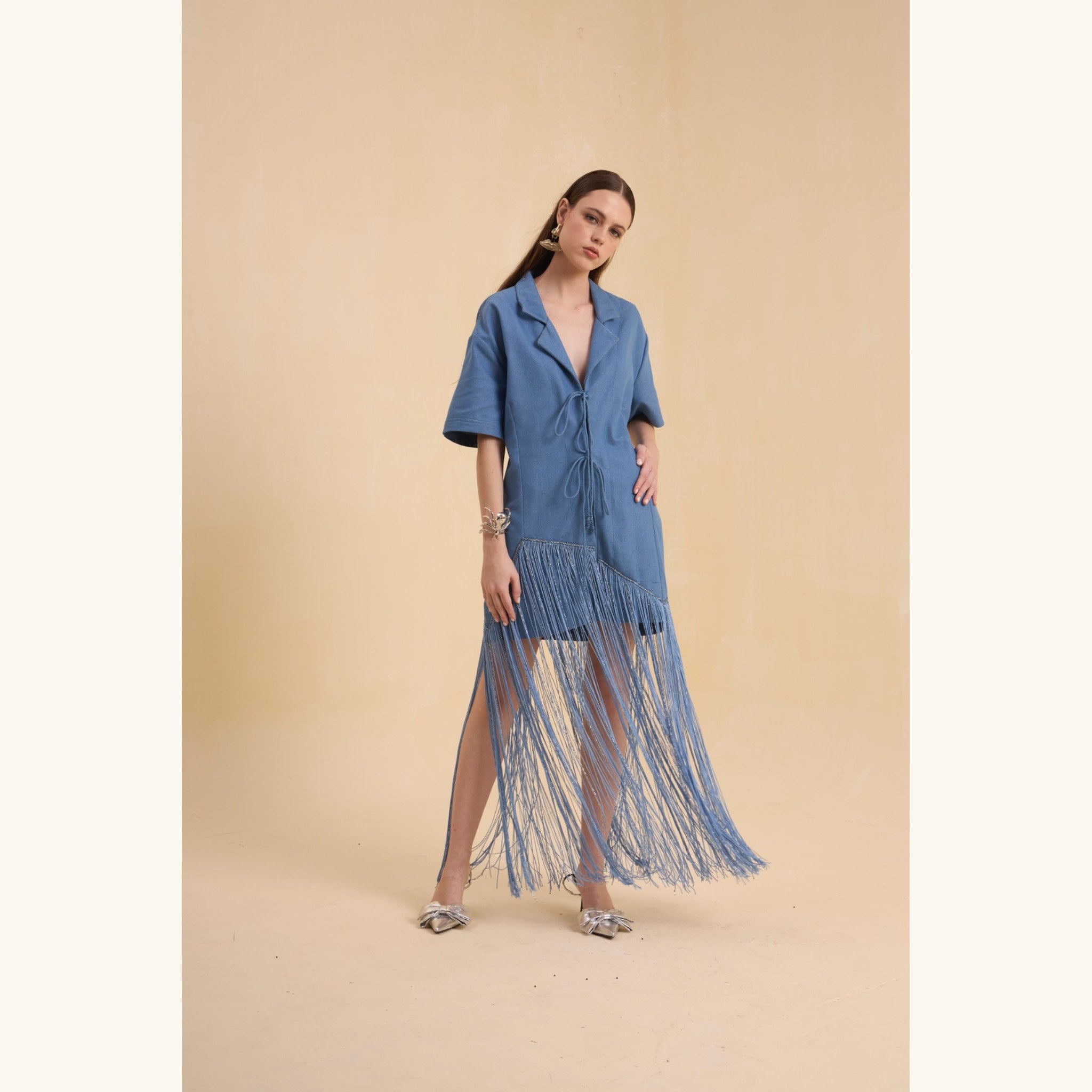 RIV DENIM BLUE FRINGED BLAZER DRESS