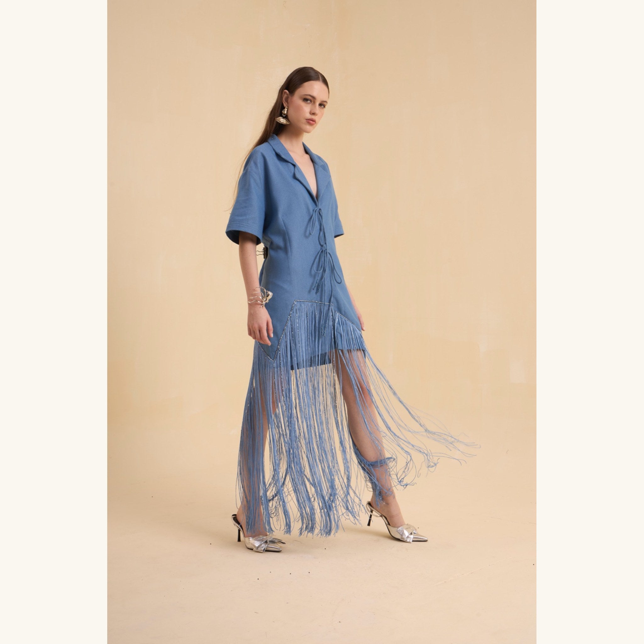 RIV DENIM BLUE FRINGED BLAZER DRESS