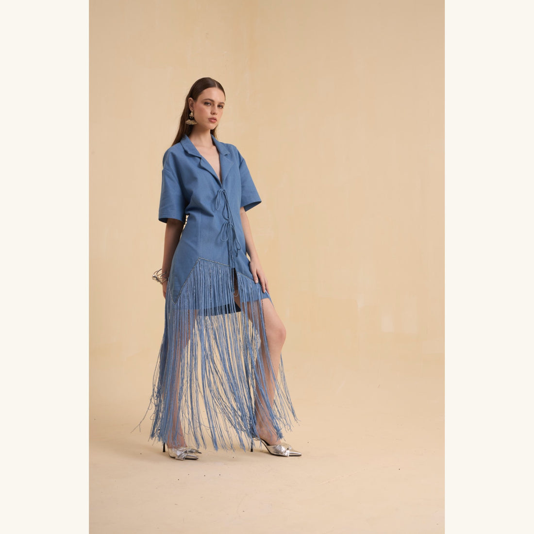 RIV DENIM BLUE FRINGED BLAZER DRESS