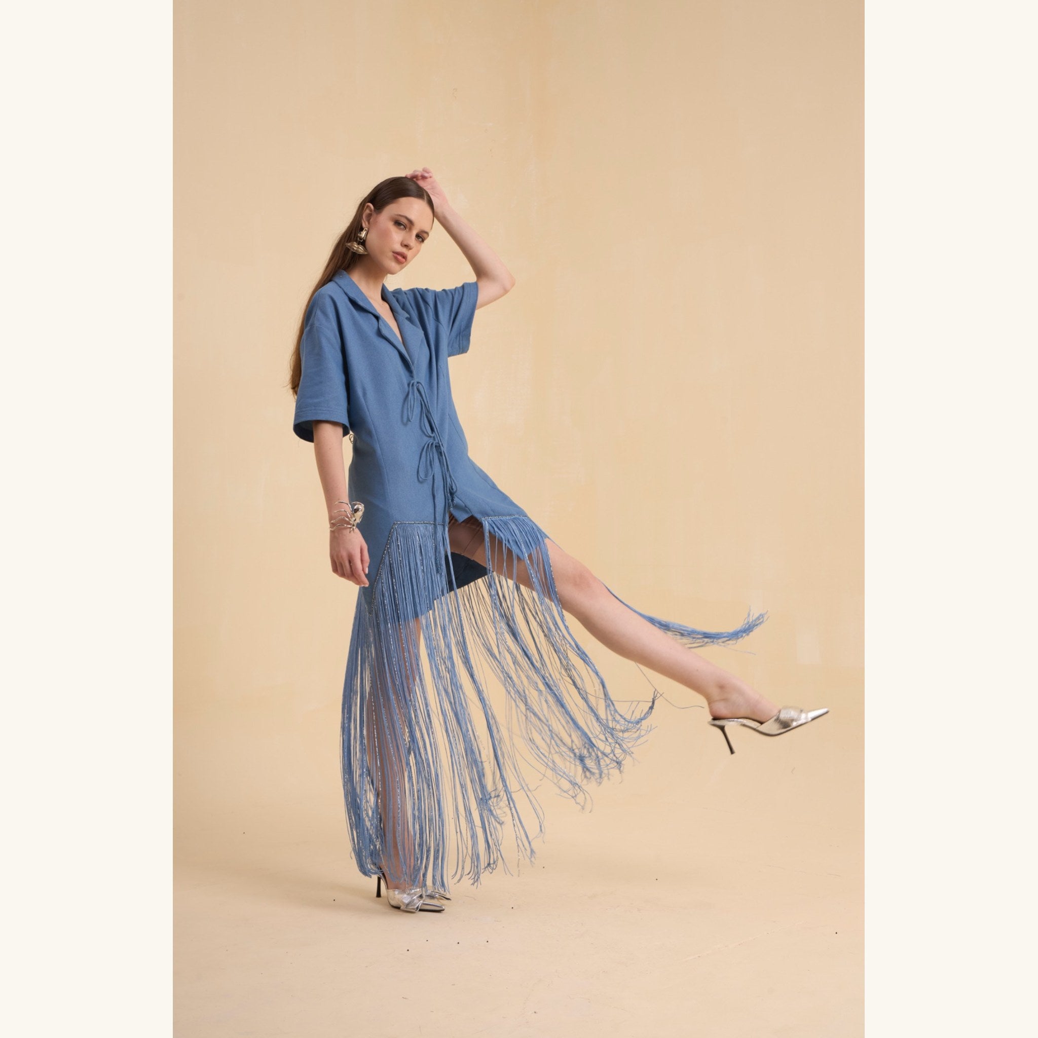 RIV DENIM BLUE FRINGED BLAZER DRESS
