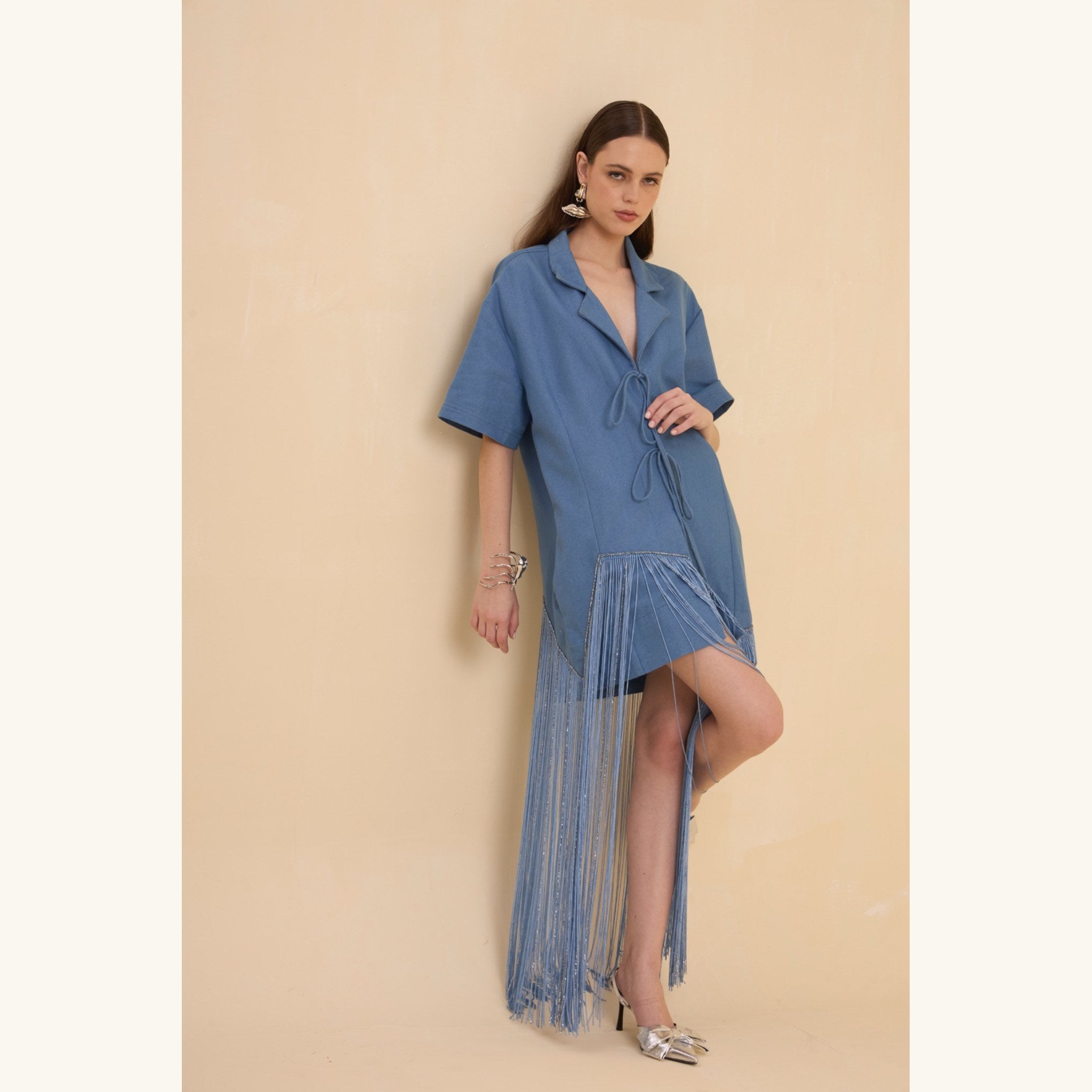 RIV DENIM BLUE FRINGED BLAZER DRESS
