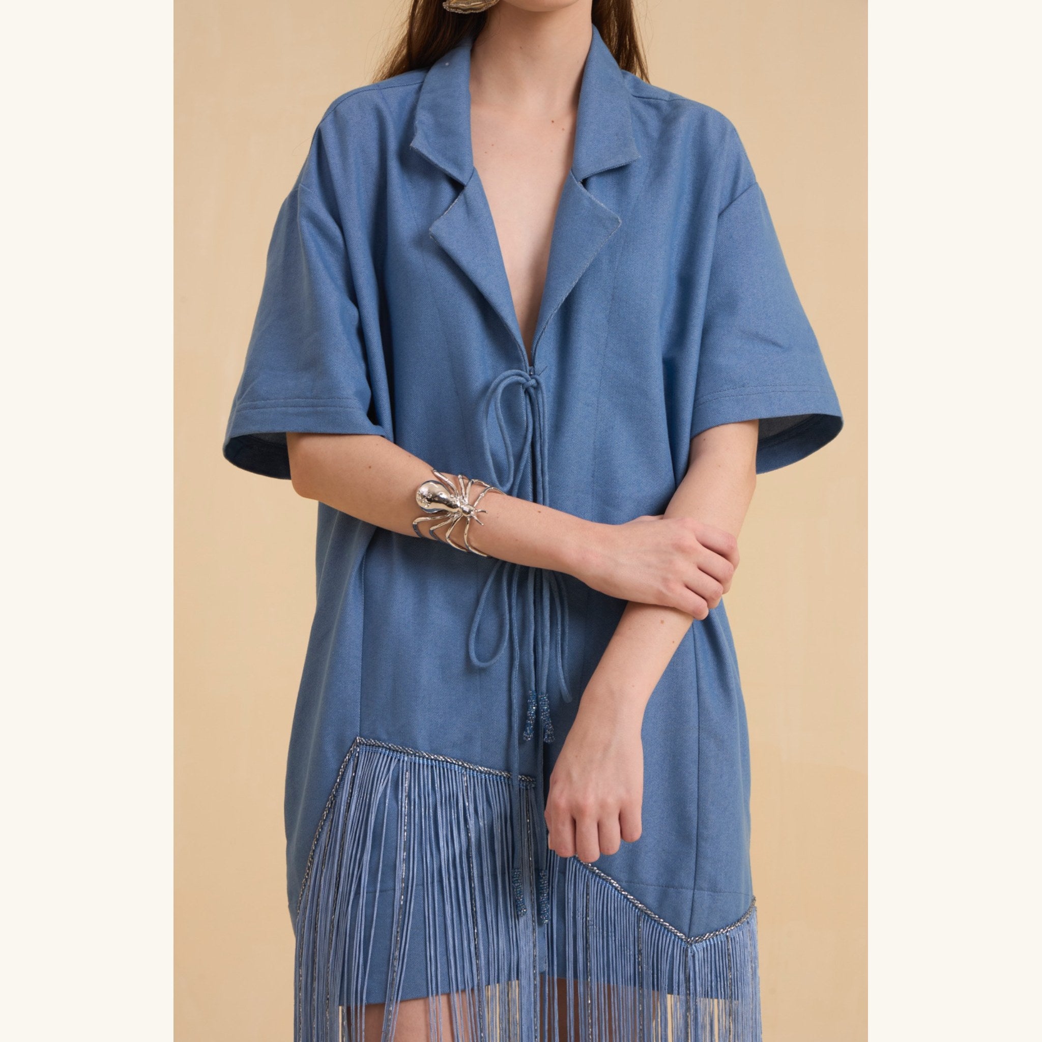 RIV DENIM BLUE FRINGED BLAZER DRESS