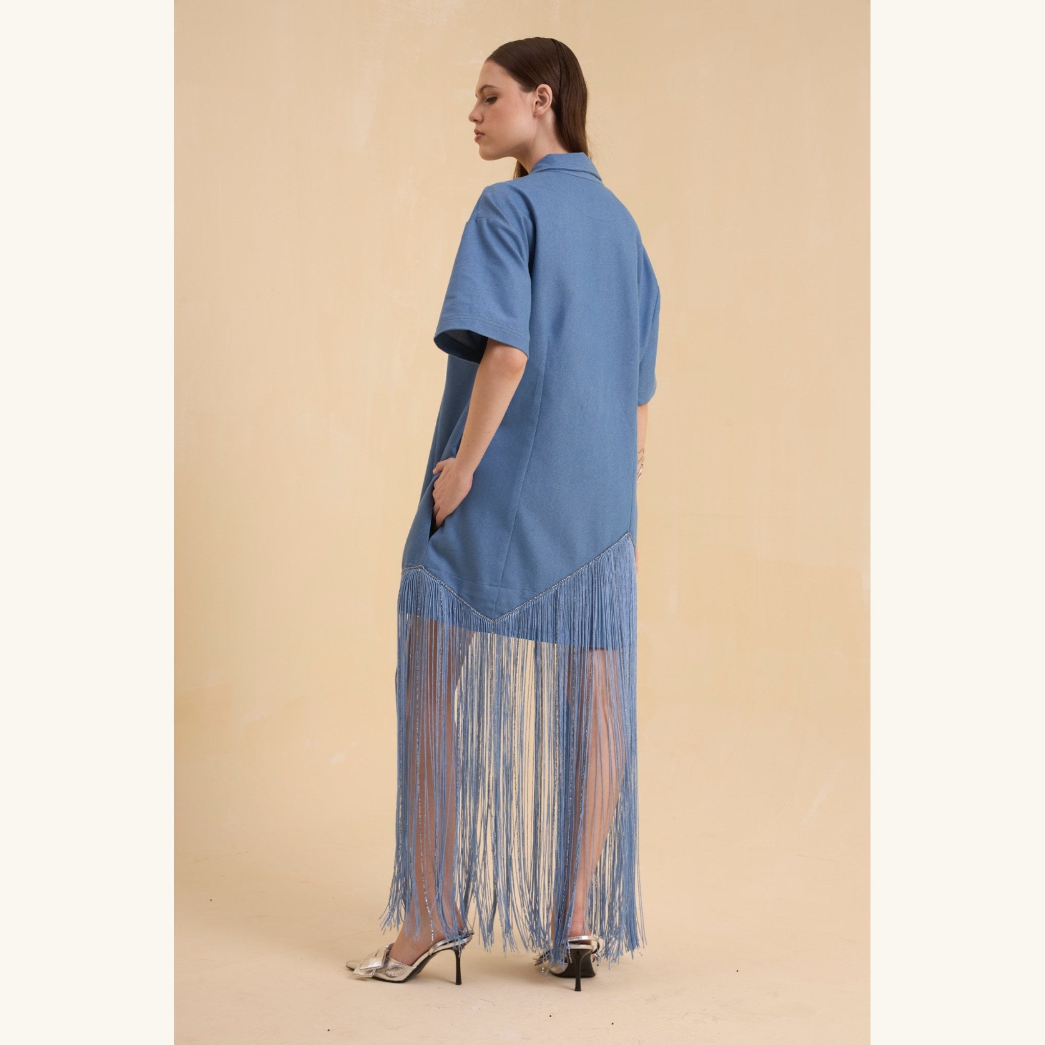 RIV DENIM BLUE FRINGED BLAZER DRESS